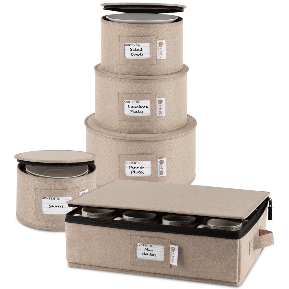 Hard Shell China Storage Containers 5-Piece Set Moving Boxes for Dinnerware, Glasses, Plates, Mugs and Saucers Sturdy Dish Organ