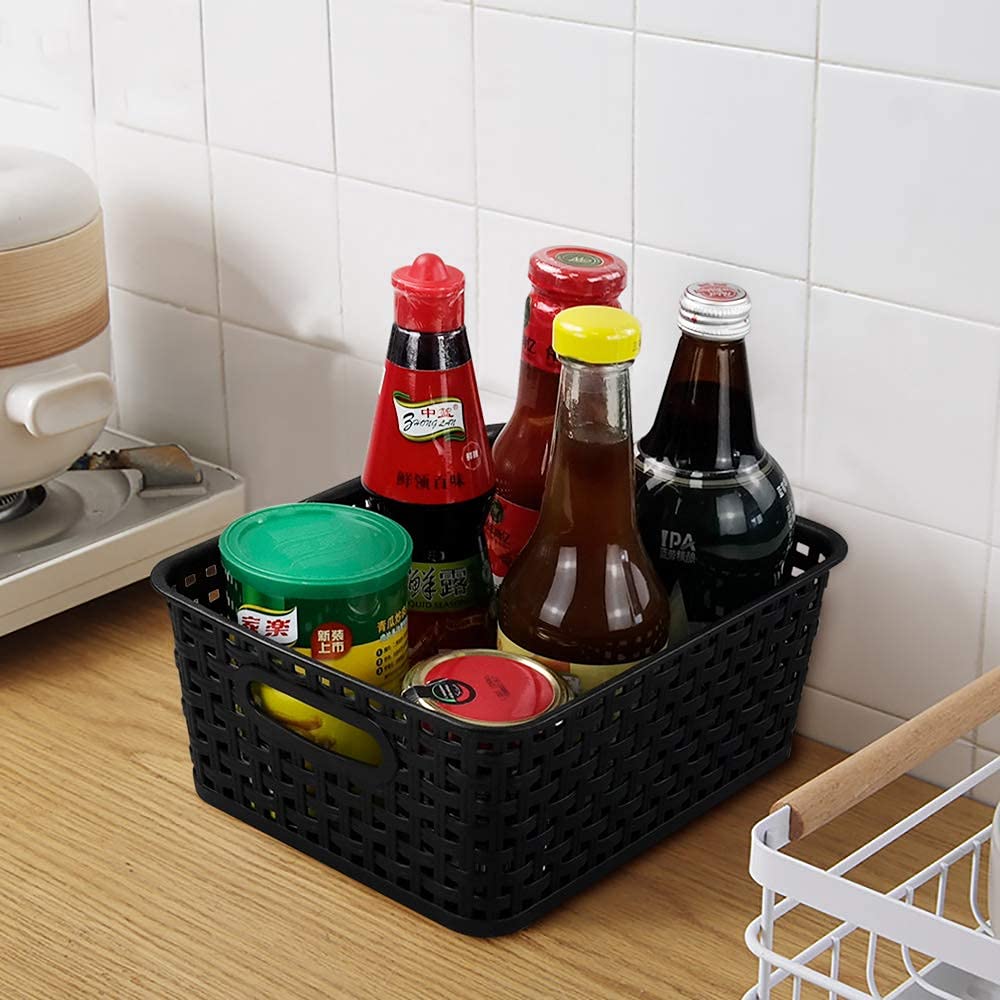 Qqbine Plastic Woven Storage Basket, Plastic Weave Organizer Bins, 6 Packs