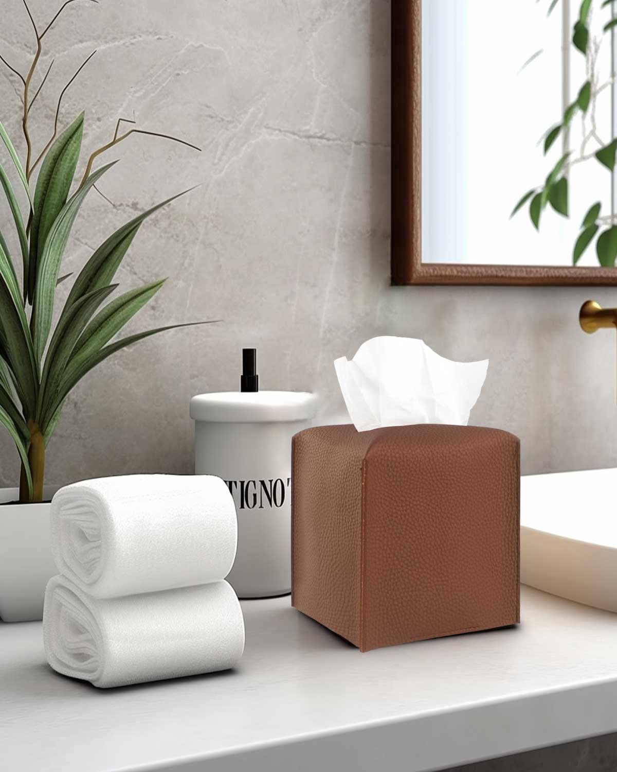 Leather Tissue Box Cover Square - [Jesmini, Brown] Modern Pu Leather Cube Tissue Box Holder Decorative For Bathroom Vanity Count