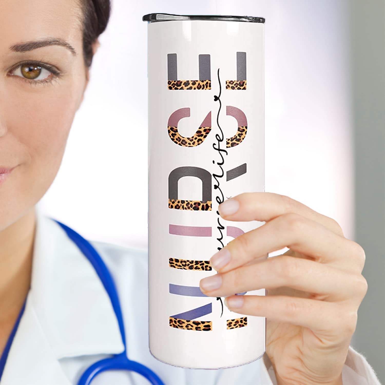 Nurse Tumbler With Lid And Straw,Nurse Life Cup School Leopard Nurse Coffee Mug,Cup,Water Bottle,Skinny Tumbler,Nurse Gifts For