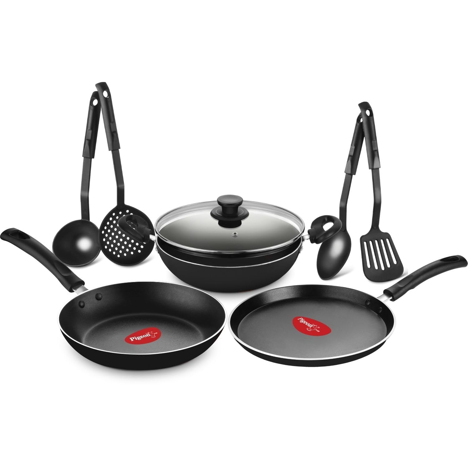 Pigeon Mio Nonstick Aluminium Cookware Gift Set, Includes Nonstick Flat Tawa, Nonstick Fry Pan, Kitchen Tool Set, Nonstick Kadai