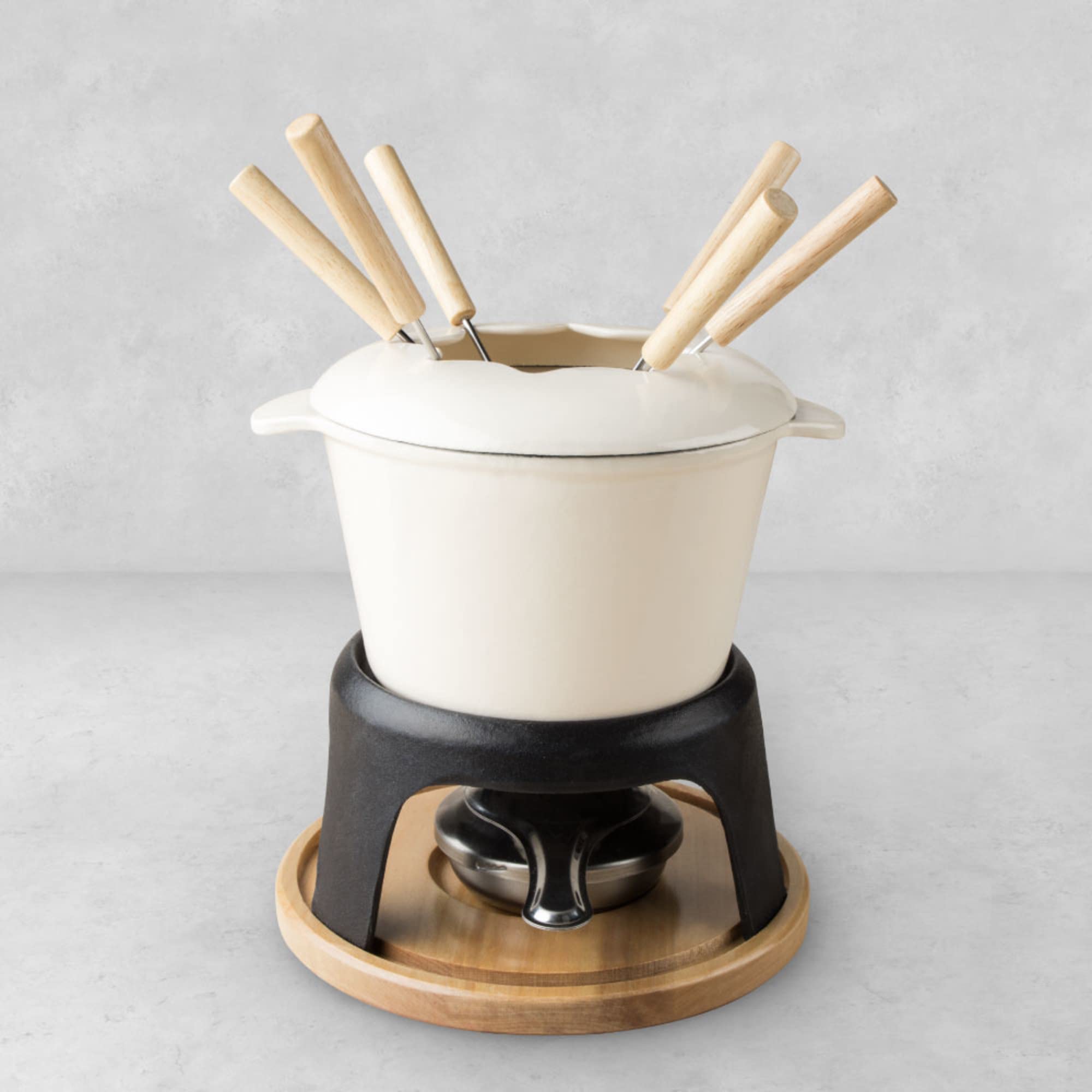 Twine Farmhouse Kitchen Enamel Cast Iron Fondue Set Cheese Melting Pot Metal Stand with Stainless Steel Forks and Chrome Gel Burner  8.5''  Off-Cream