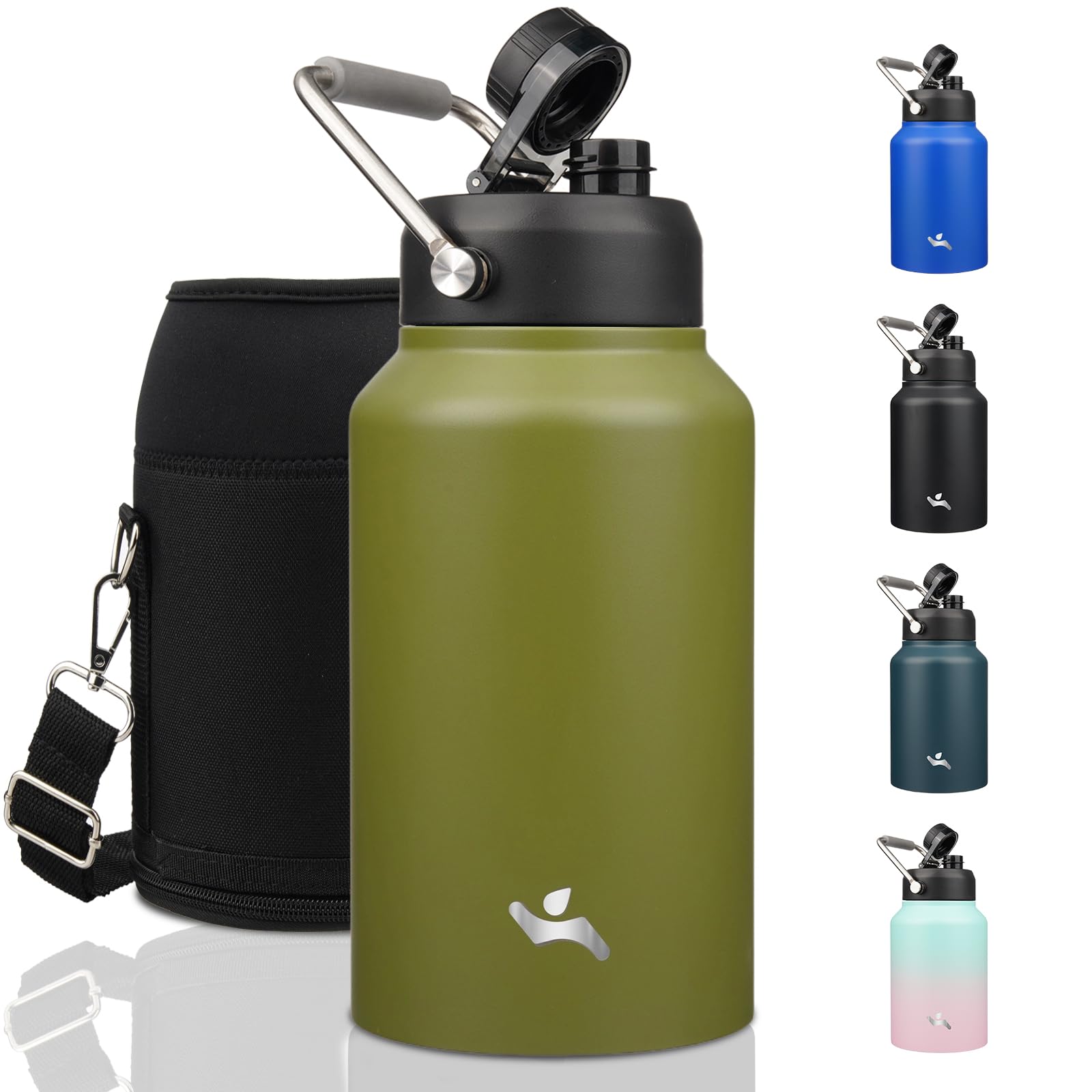 Konokyo Jug with Handle,87 oz Insulated Water Bottle with Carrying Pouch, Double Wall Vacuum Stainless Steel Metal Bottle,Forest
