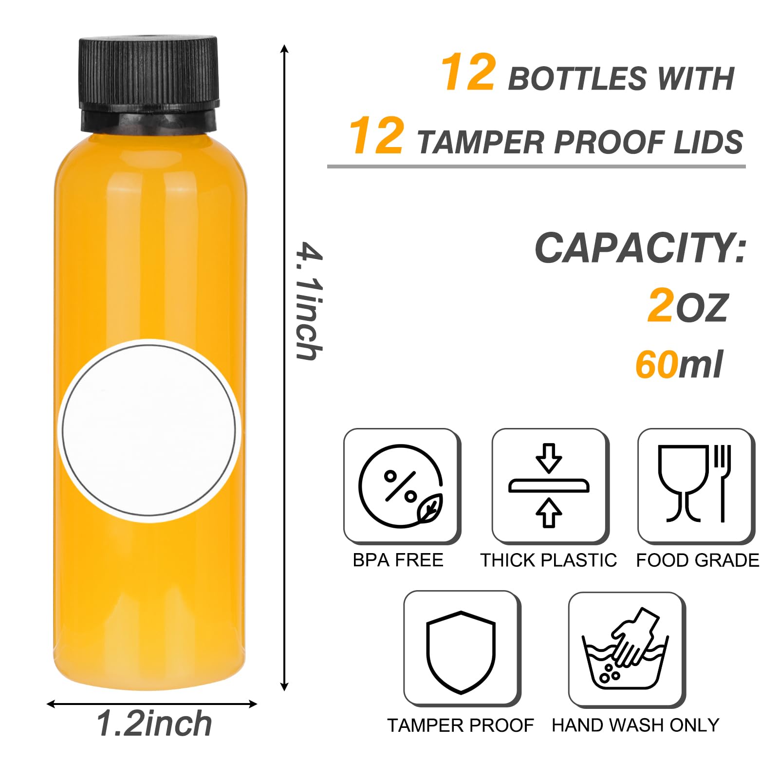 Moretoes 2Oz Shot Bottles With Caps, 12Pcs Plastic Juice Bottles, Reusable Leak-Proof Containers With Cap For Juices, Ginger Sho
