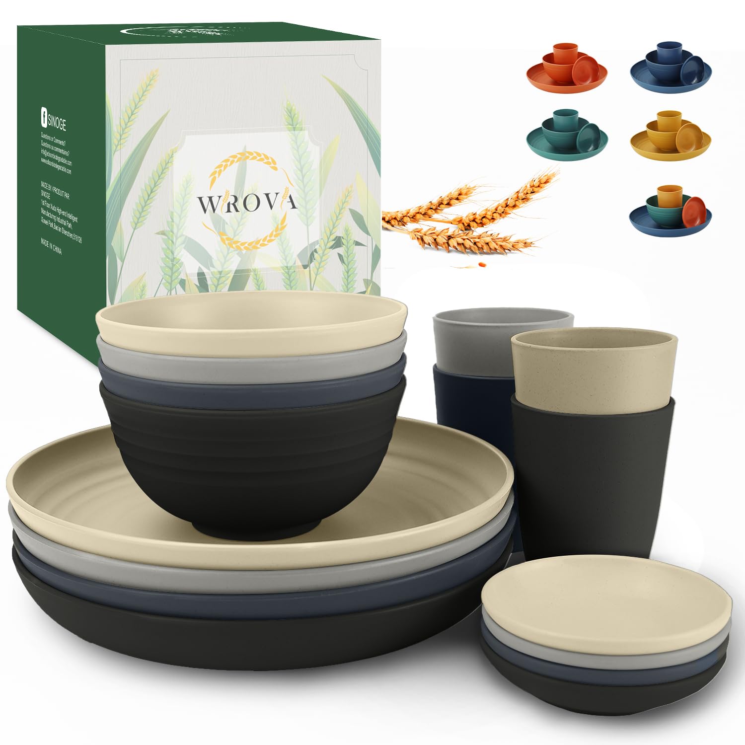 Wrova Wheat straw plates and bowls sets of 16 - Unbreakable wheat straw dinnerware sets for camping - Dishwasher safe and Freeze