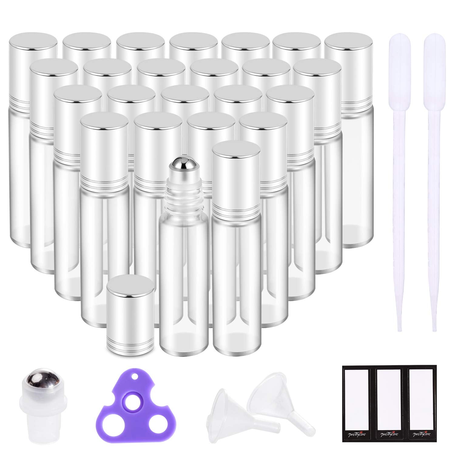 Prettycare Essential Oil Roller Bottles 10Ml (Clear Glass Bottle 24 Pack, 4 Extra Roller Balls,48 Labels, 2 Openers, 2 Funnels R
