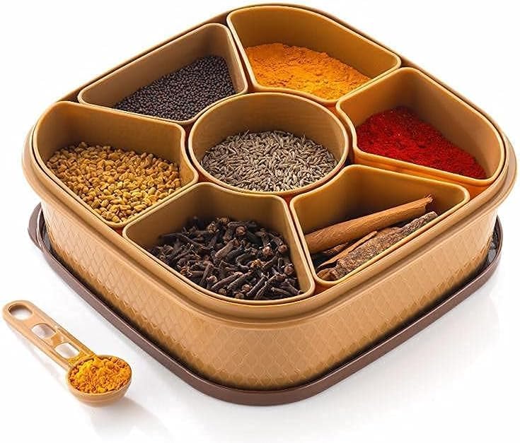 Fomquazli Multifunctional Plastic Square Shape 7 In 1 Classic Look Masala Rangoli Dabba Spice Box Set Ideal For Home And Kitchen