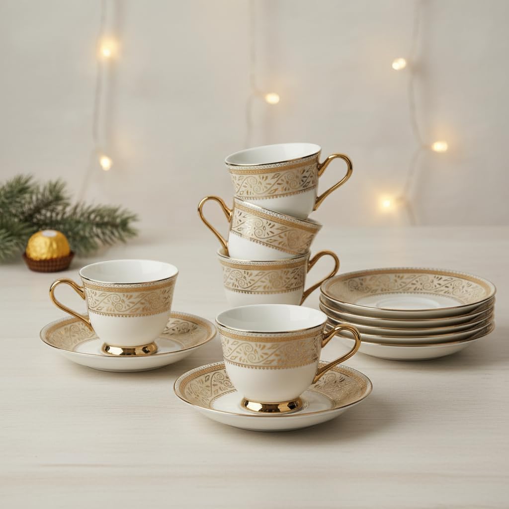 Skykey Fine Bone China Indian Royal Look Golden Made Floral Printed Tea Cup And Saucer Set With Golden Handle Pack Of 6, (White