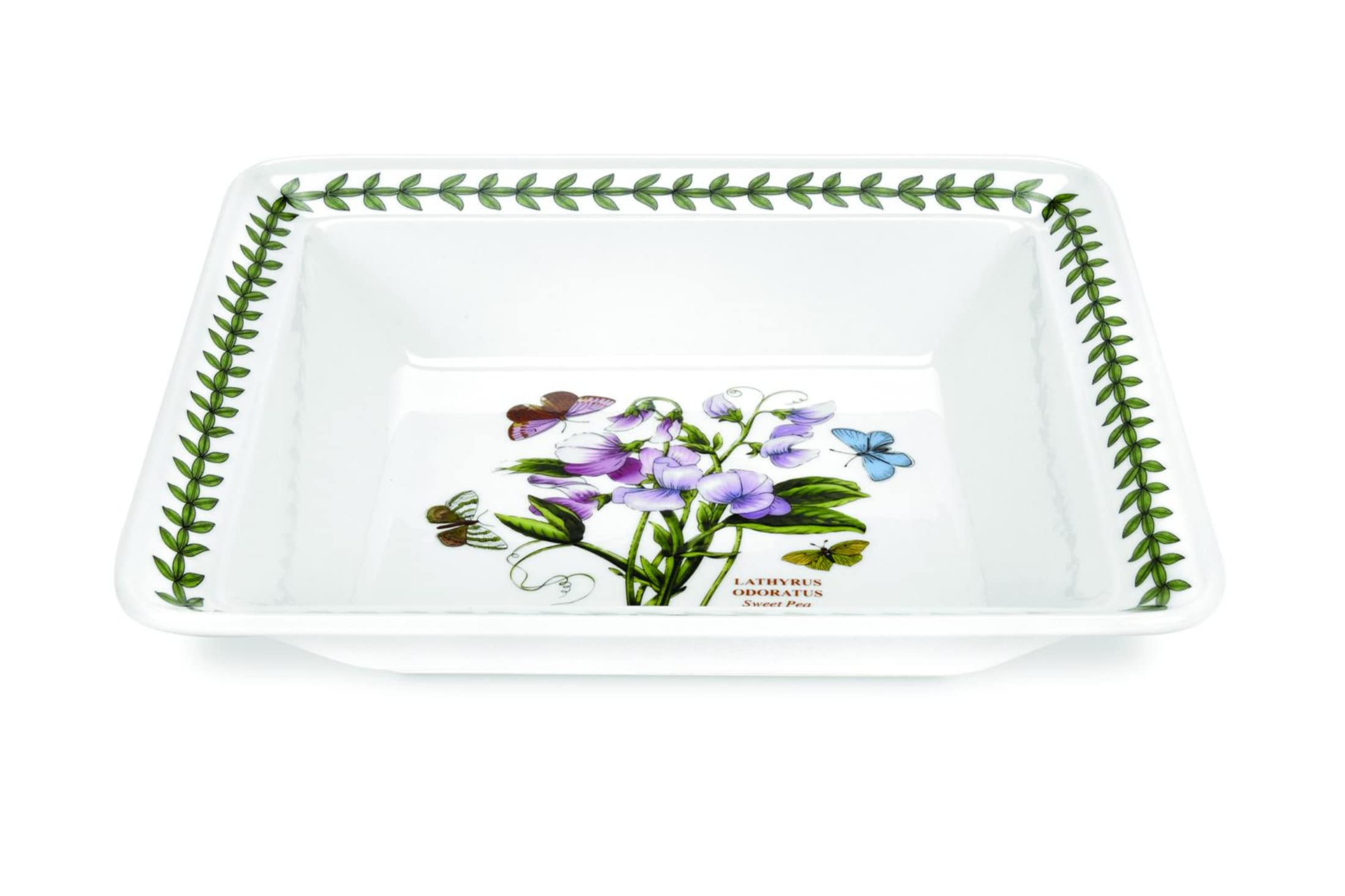 Portmeirion Botanic Garden 12'' Low Square Bowl | Sweet Pea Motif | Fine Porcelain | Chip-Resistant Glaze | Dishwasher, Microwav