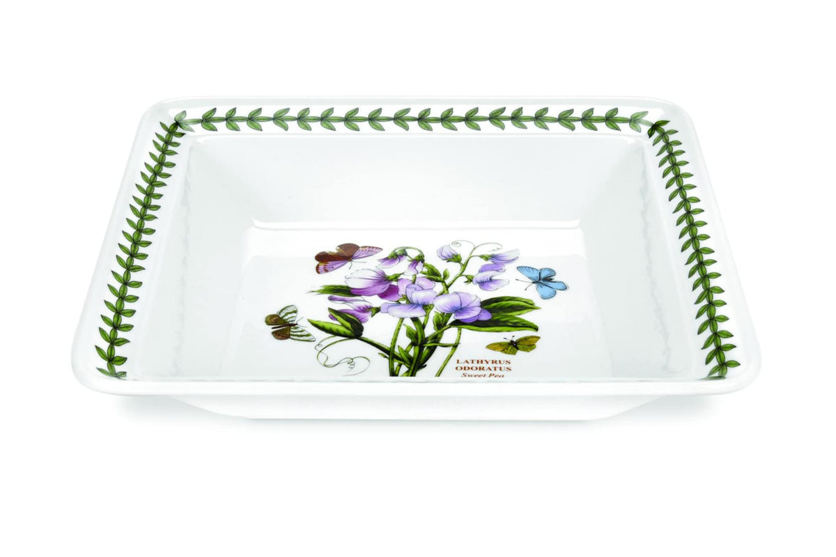 Portmeirion Botanic Garden 12'' Low Square Bowl | Sweet Pea Motif | Fine Porcelain | Chip-Resistant Glaze | Dishwasher, Microwav