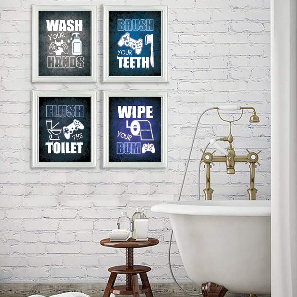 Suuura-Oo Cool Video Game Bathroom Decor Art Print Set Of 4 (8''X10''), Game Themed Bathroom Painting, Bathroom Sign Art Picture