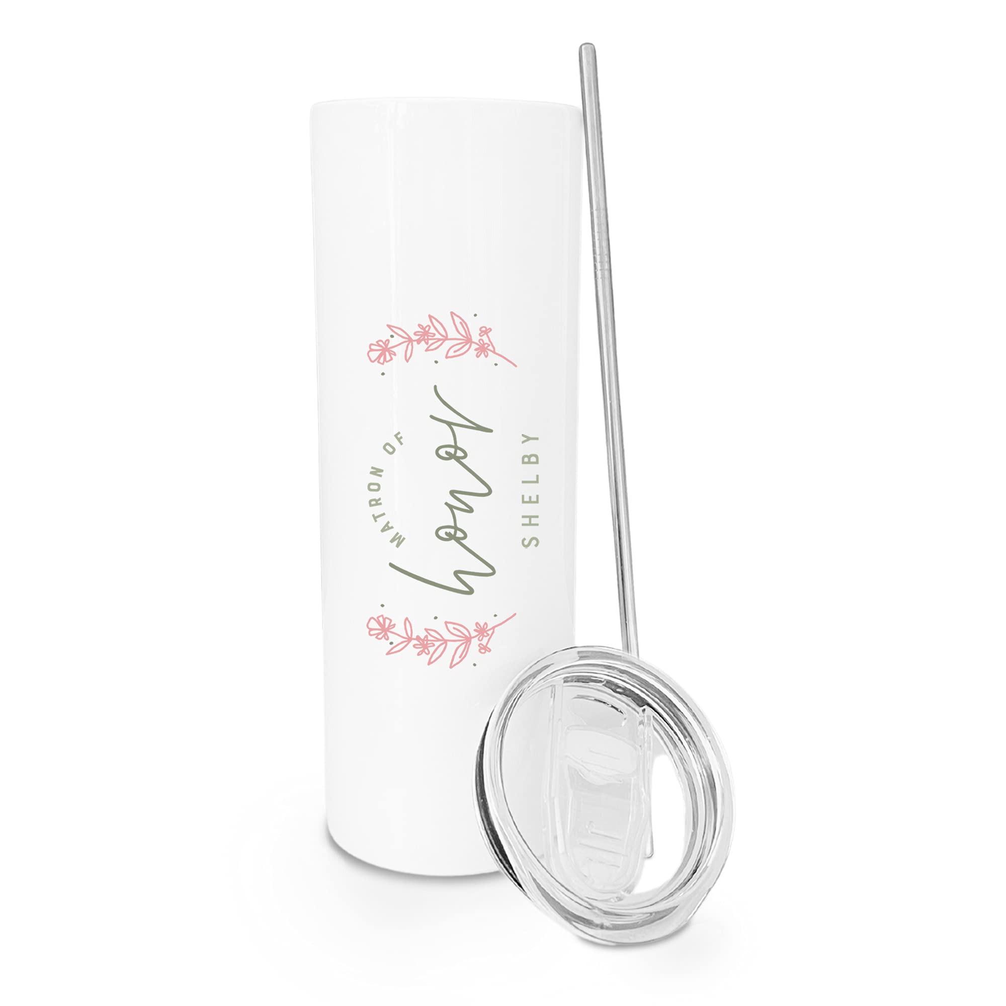 The Cotton & Canvas Co. Personalized Name Floral Matron Of Honor Insulated Stainless Steel Wedding Tumbler With Metal Straw, Mat