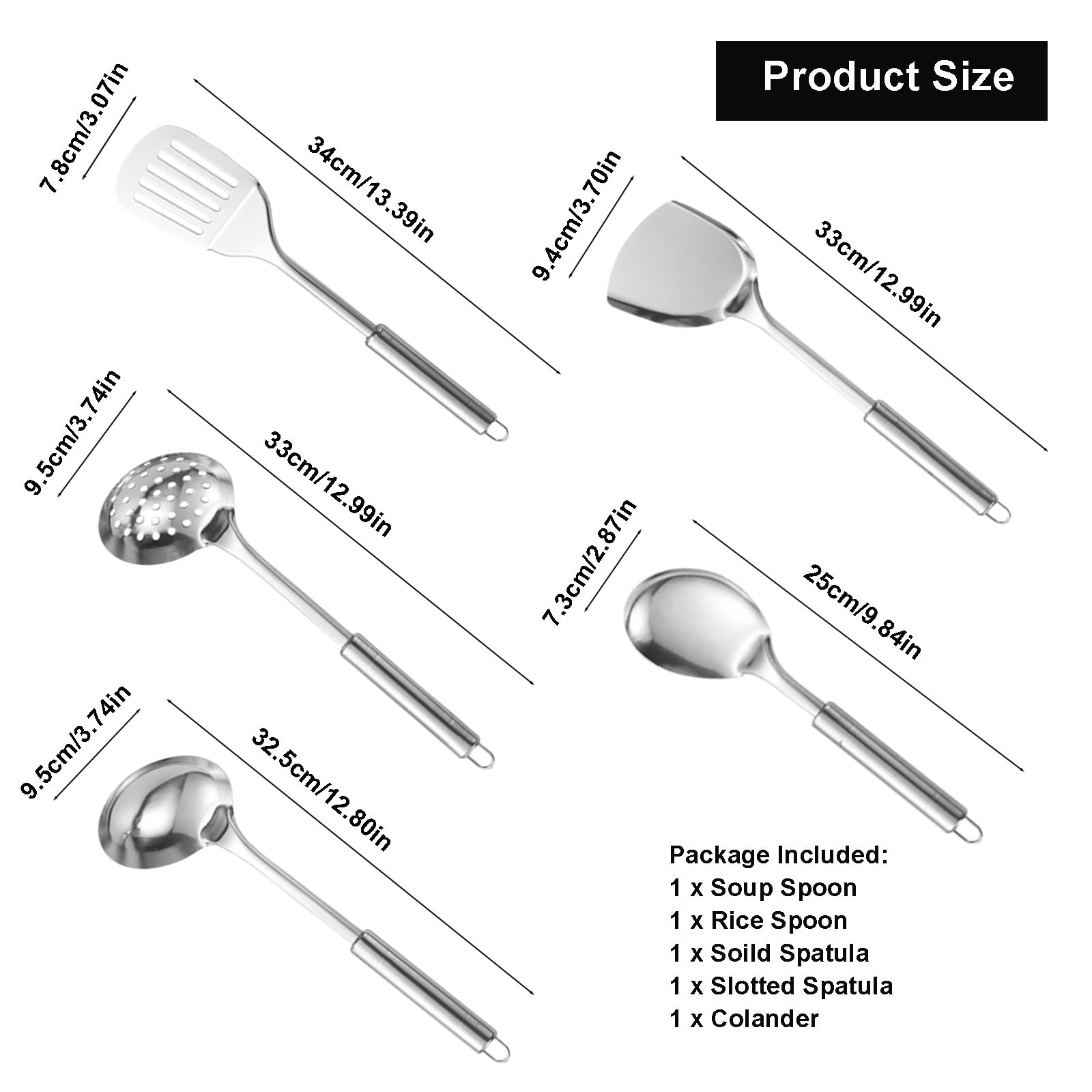 Ragyzity Stainless Steel 5-Piece Utensil Set, 5-Pieces All Metal Long Handle Cooking Tools, Heat Resistant Kitchen Gadgets Utens