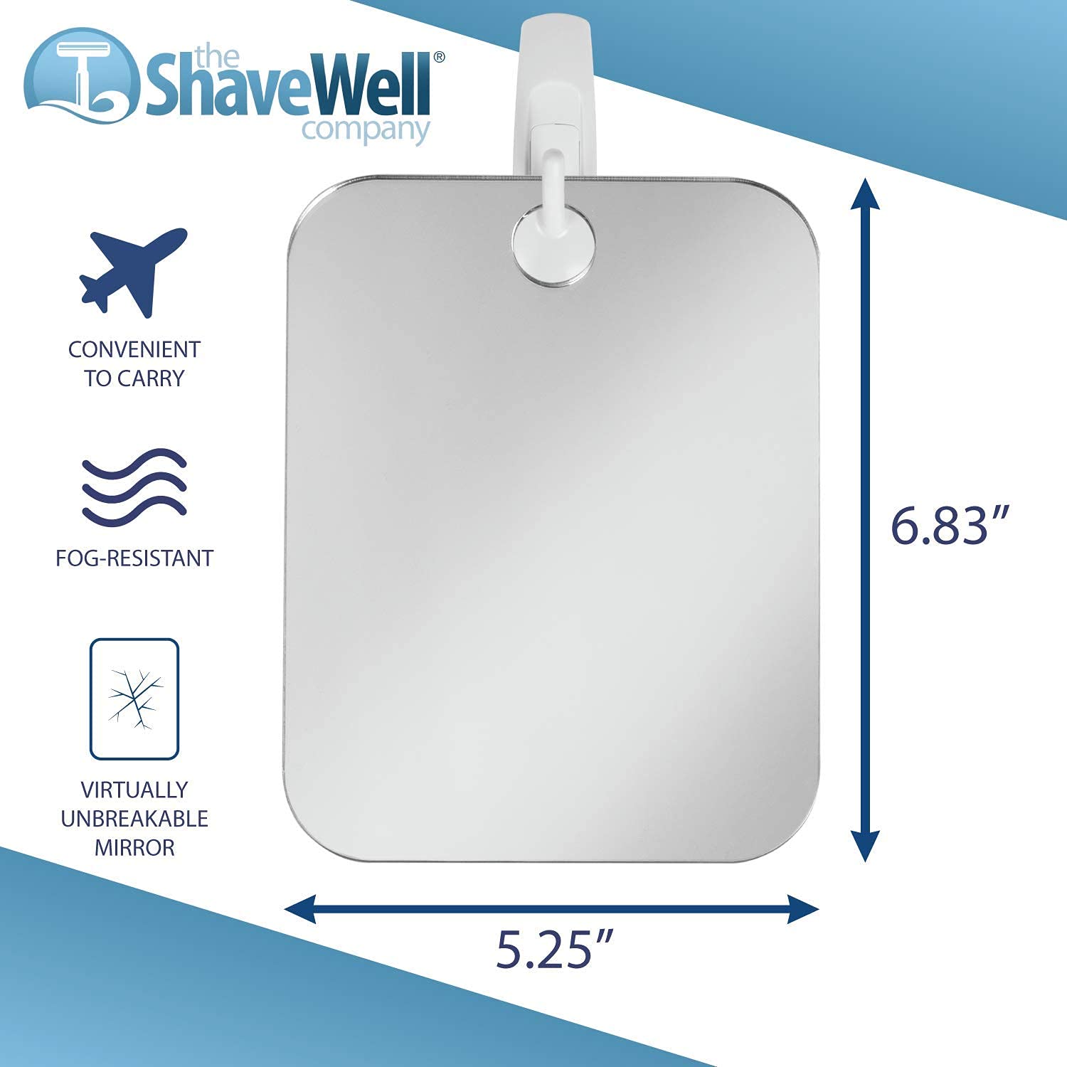 The Shave Well Company Deluxe Anti-Fog Shaving Mirror  Fogless Bathroom Shower Mirror with Handheld Option for Men and Women  Hanging Shower Mirror Includes Long-Lasting Removable Adhesive Hook