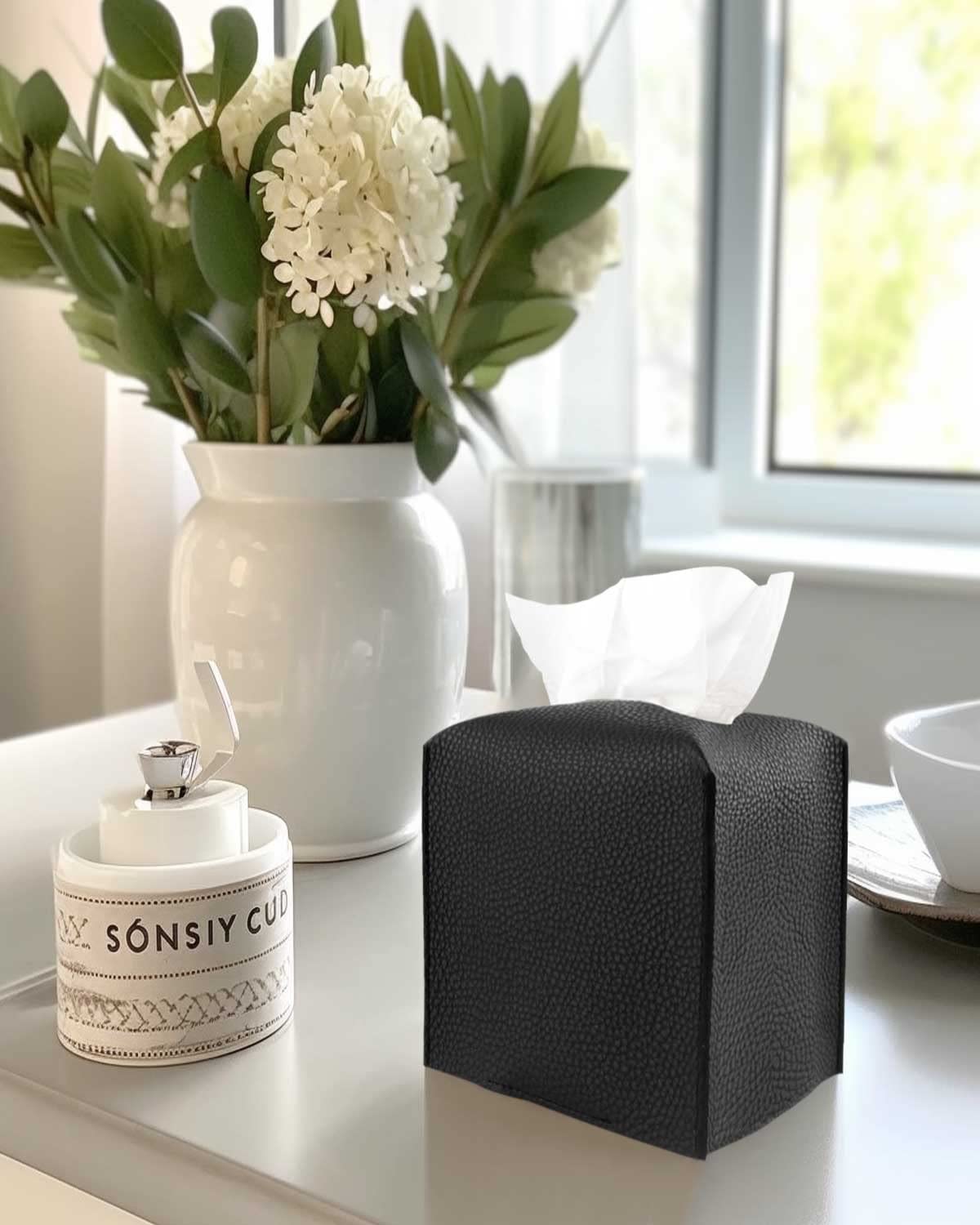 Leather Tissue Box Cover Square - Tissue Holder With Bottom Belt [Jesmini, Black] Aesthetic Pu Leather Tissue Box Holder Decorat