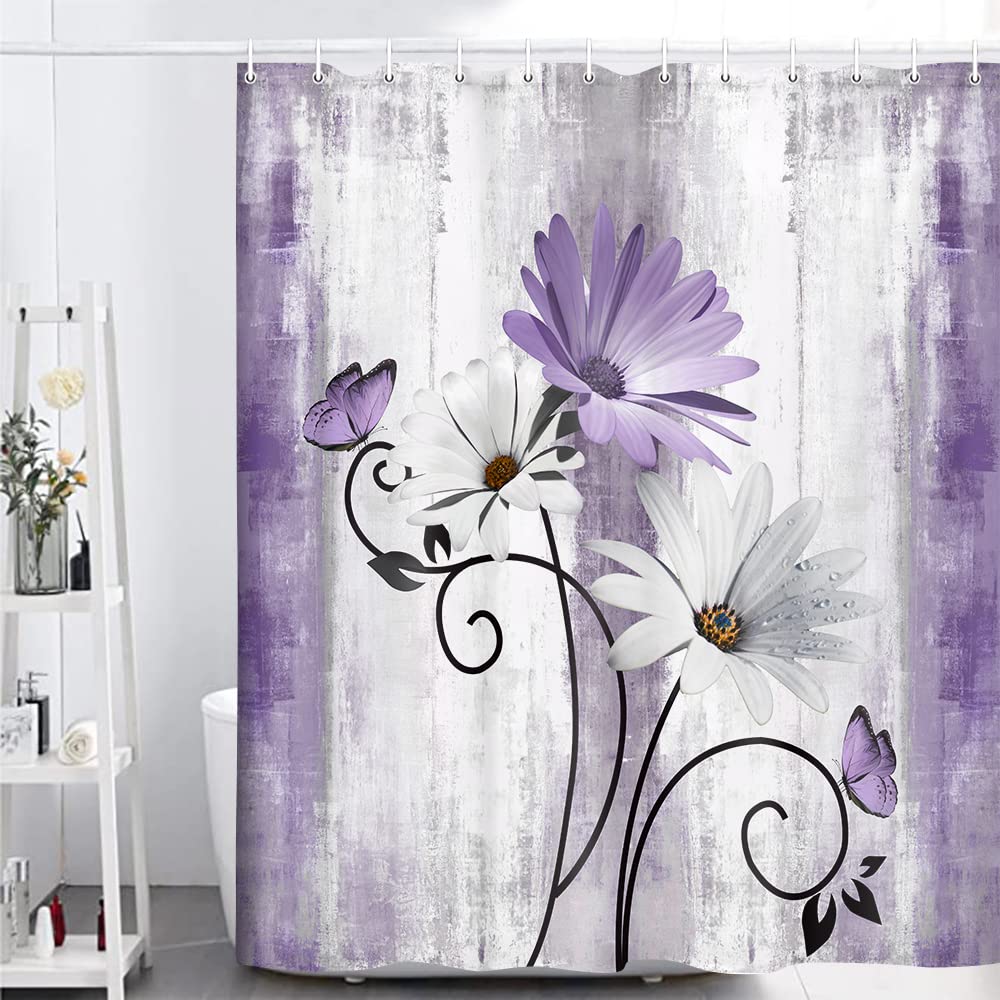 VeiVian Rustic Farmhouse Shower Curtain  Farm Purple Daisy Floral Flowers and Butterfly on Country Wooden Shower Curtain for Bathroom  Violet Grey Bathroom Shower Curtains with 12PCS Hooks  70X70IN