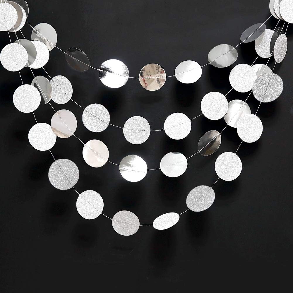 Cheerland Glitter Silver Circle Dot Garlands Party Decorations Hanging Circle Banner Streamer Backdrop Decor Wedding Birthday Bday Engagement Bridal Shower Bachelorette Party Supplies