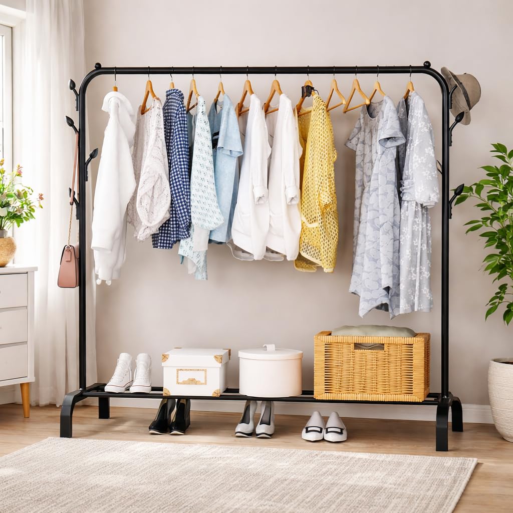 Hiware Multipurpose Curved Metal Garment Rack Clothes Rail Double Pole Garment Stand With 2 Bottom Shelves & Side Hook Tower She