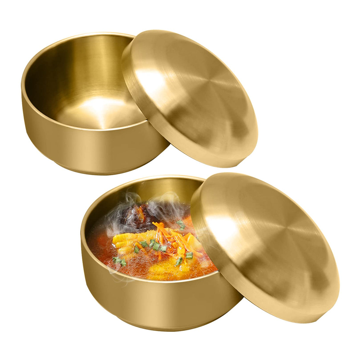 Mdeoosky 2Pcs 304 Stainless Steel Rice Bowls, Gold Metal Bowl With Lid, Double Layer Anti Scalding Bowl, Rice Bowls Soup Bowl Sa