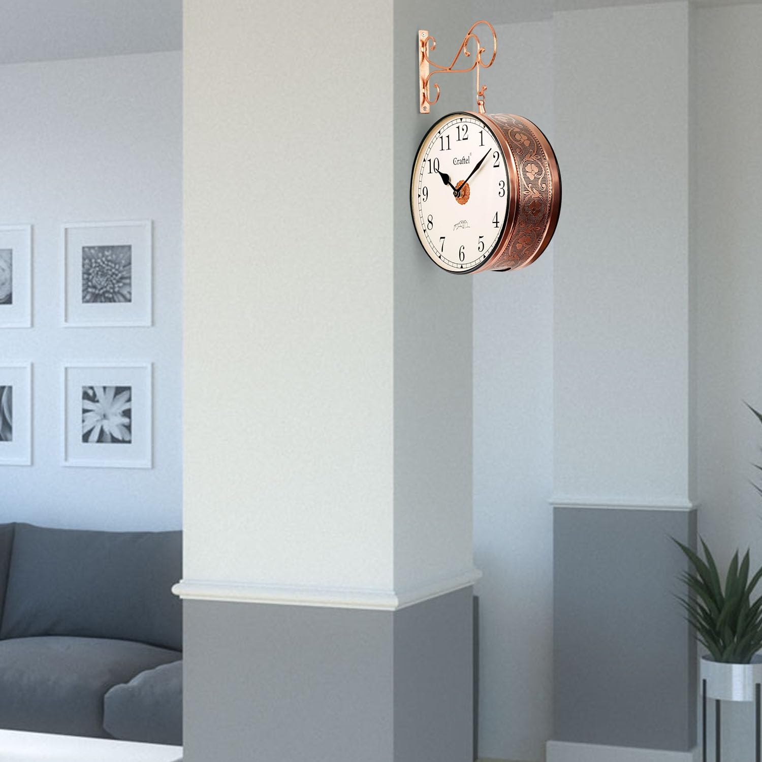 CRAFTEL Metal Analog Double Sided Vintage Station Wall Clock with Brass in Dial (Rose Gold_10 Inches)