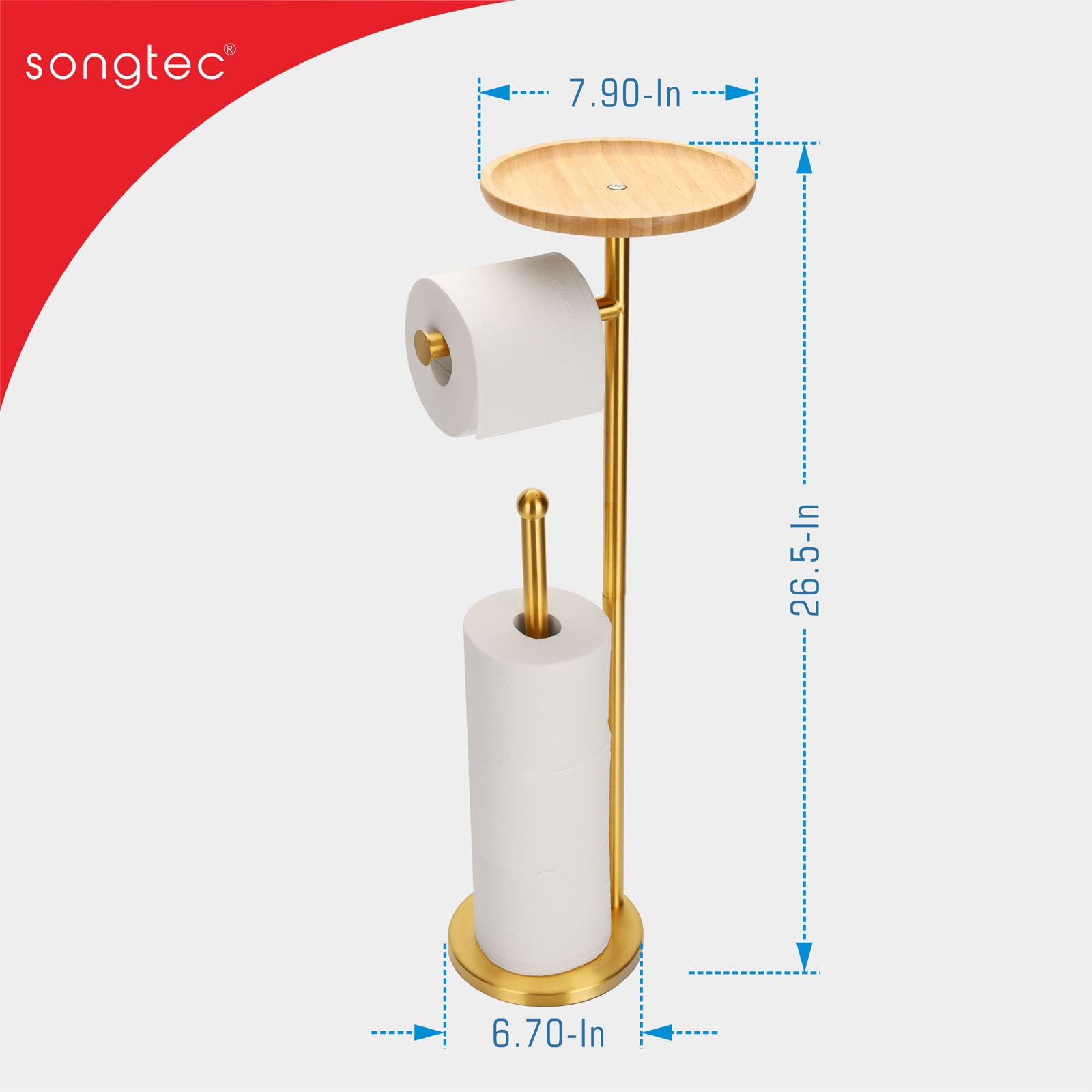 Toilet Paper Holder Stand With 7.9'' Big Bamboo Tray, Gold Floor Standing Paper Holder Storage Stand With Phone Shelf, Reserve F