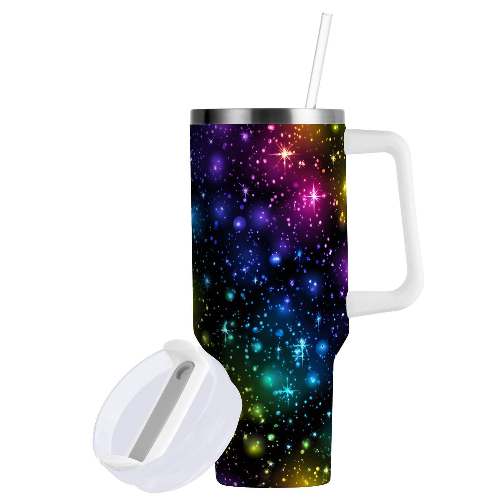 JIPONI 40 oz Tumbler with Handle & Straw, Rainbow Glitter Galaxy Water Bottle, Stainless Steel Vacuum Insulated Travel Mug, BPA