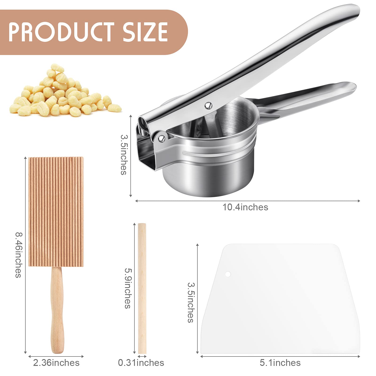 4 Pieces Gnocchi Board Set, Includes Plastic Trapezoidal Baking Scraper, Gnocchi Pasta Board Stripper Paddle, Dowel Wood Rolling