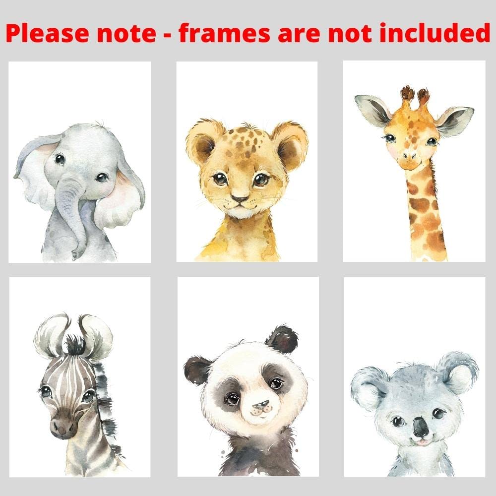 Baby Safari Animals For Girl Or Boy Nursery Bedroom, Set Of 6 Unframed Wall Art Prints, Nursery Decor Gift, Giraffe Elephant Lio