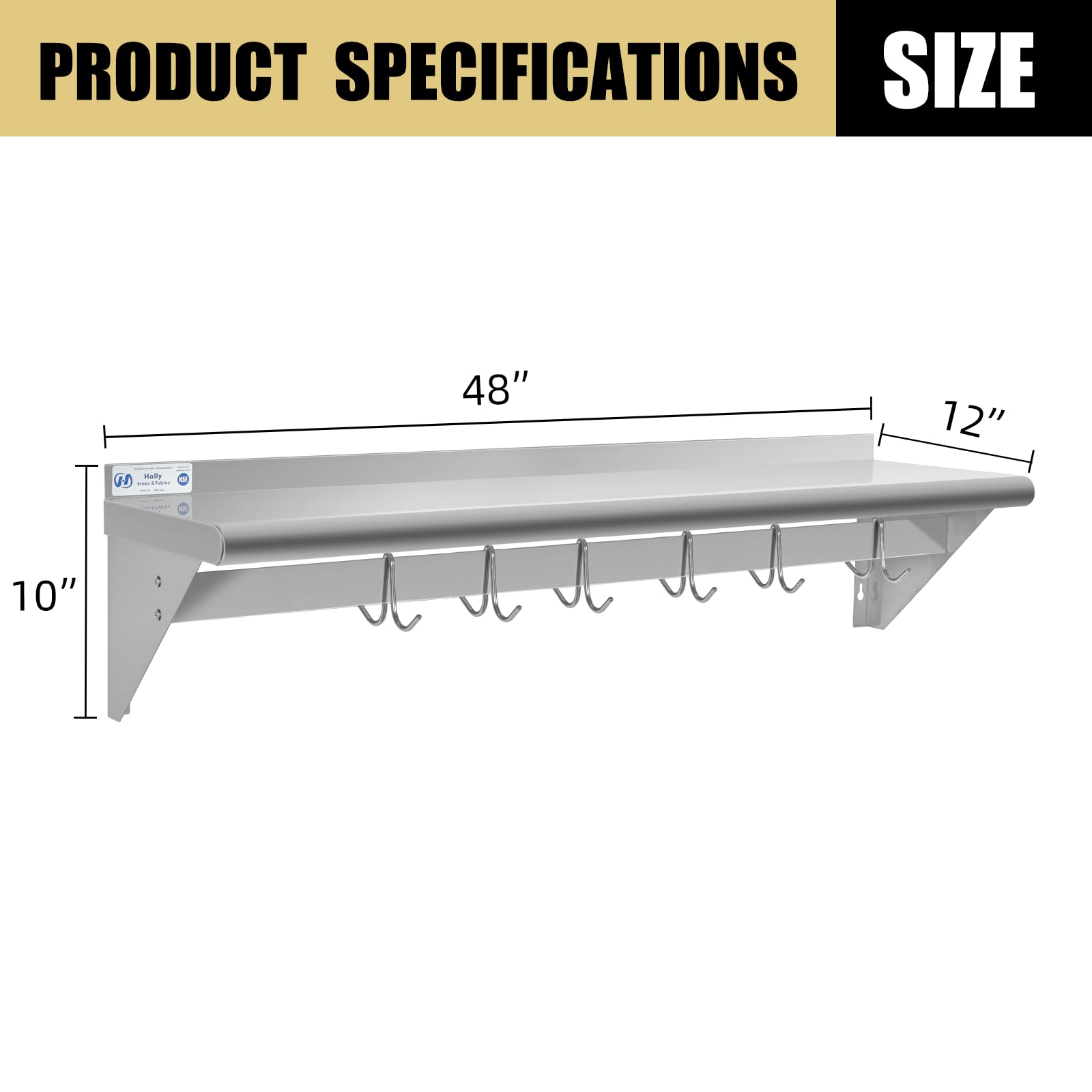 Hally Stainless Steel Shelf With 6 Hooks 12'' X 48'' Wall Mounted Pot Rack, Nsf Commercial Floating Shelving For Storage Hanging