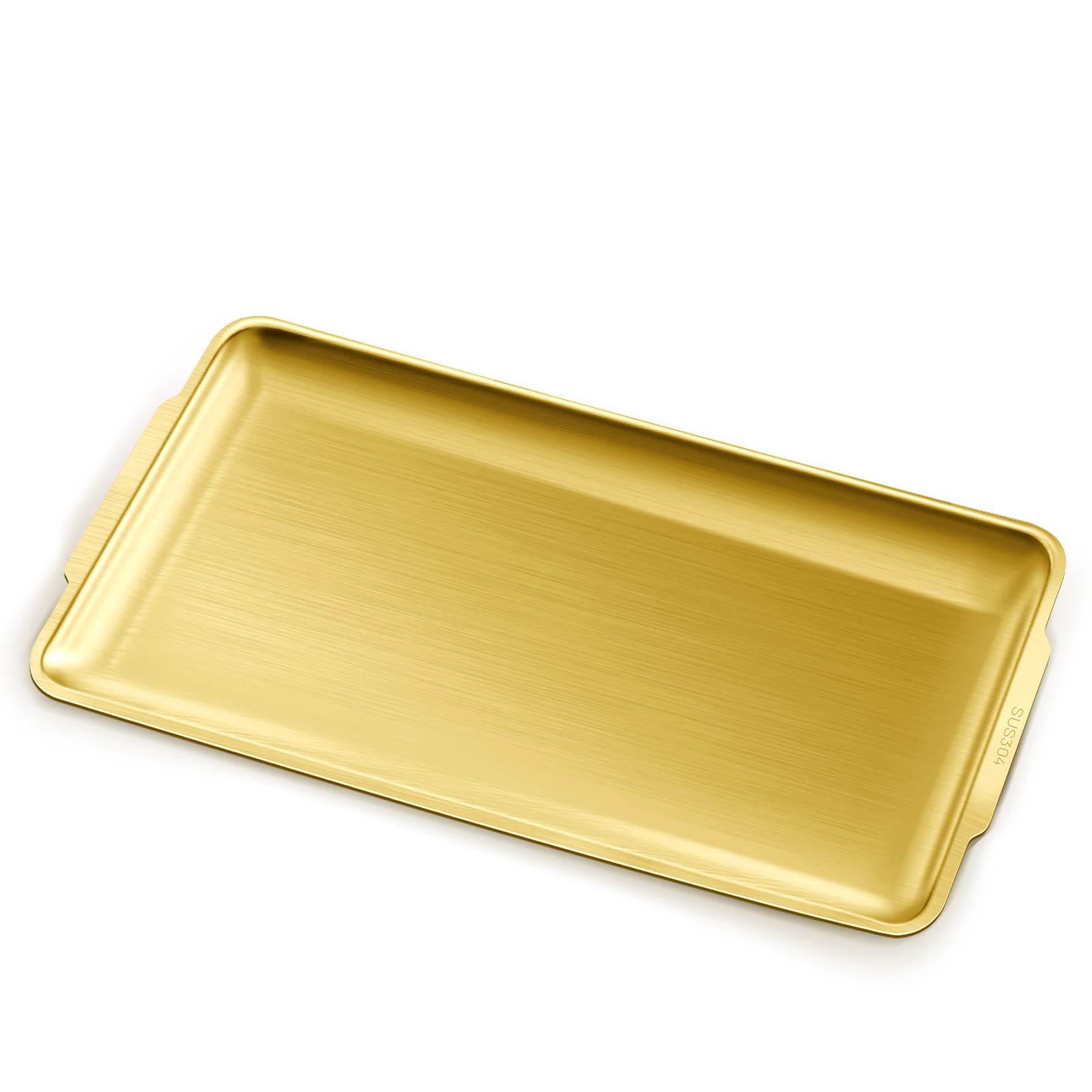 Stainless Steel Serving Tray, 15.7 X 9.4In Rectangle Gold Serving Platter With Handle, Decorative Coffee Table Plate, Ottoman Di