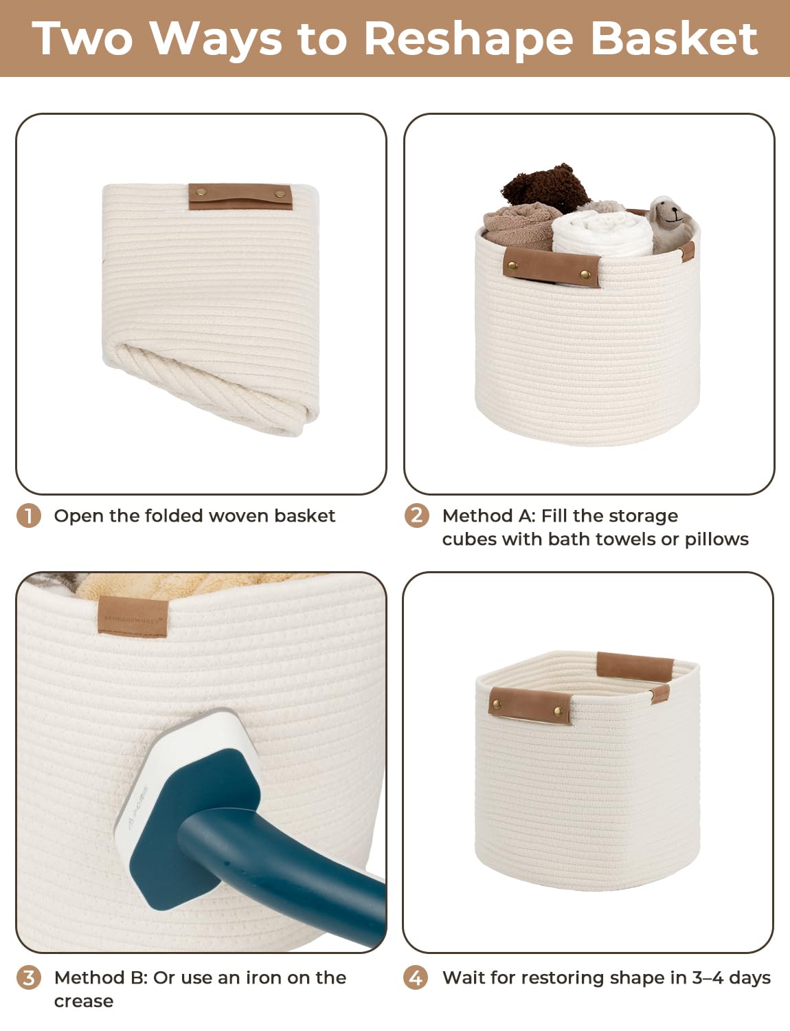 Storageworks 11X11X11 Woven Baskets - 3 Pack, Cotton Rope Baskets With Leather Handles, White - Cube Storage Organizer For Bedro
