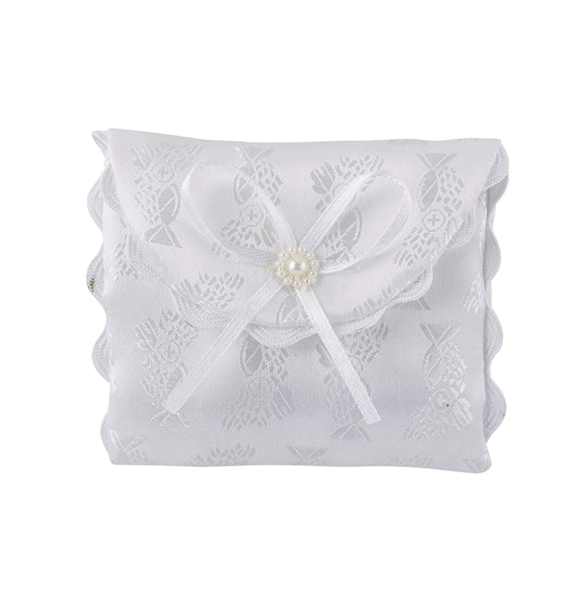 First Communion White Satin Brocade Rosary Case with Chalice Design, 3 1/4 Inch