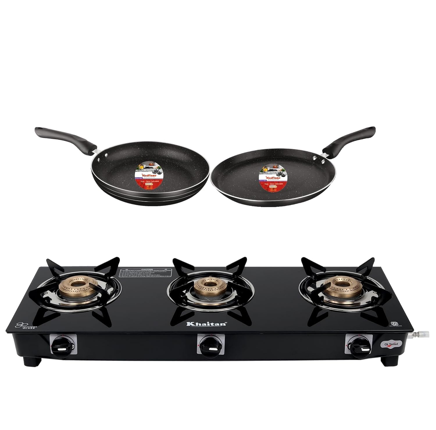 Khaitan Gas Stove Combo  One 3 Burner Gio Toughened Glass Gas Stove + 1 Unit Hf Dosa Tawa 250 Mm + 1 Unit Hf Fry Pan 230 Mm