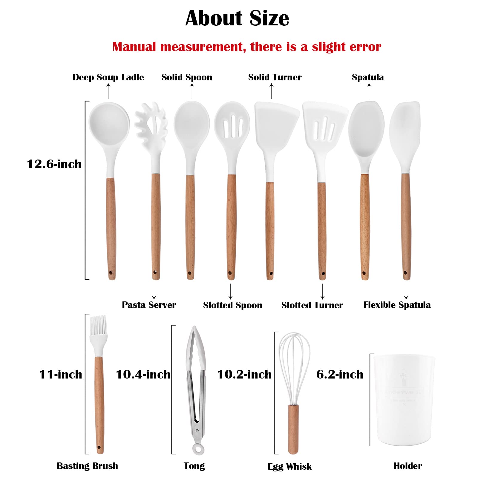 Briiec 12Pcs Wooden Handle Silicone Kitchen Utensils Set, Non-Stick Silicone Cooking Utensils, White Spatula Set, Turner Spoon,