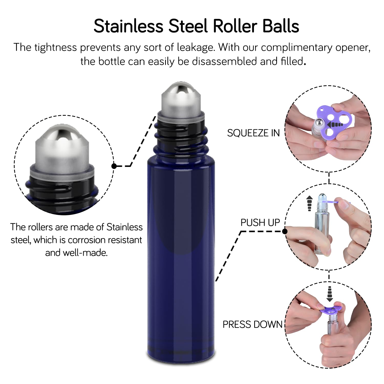 Prettycare Roller Bottles For Oils 10 Ml (Blue Glass, 6 Pack, 1 Extra Stainless Steel Balls, 12 Labels, 1 Opener, 1 Funnels Esse