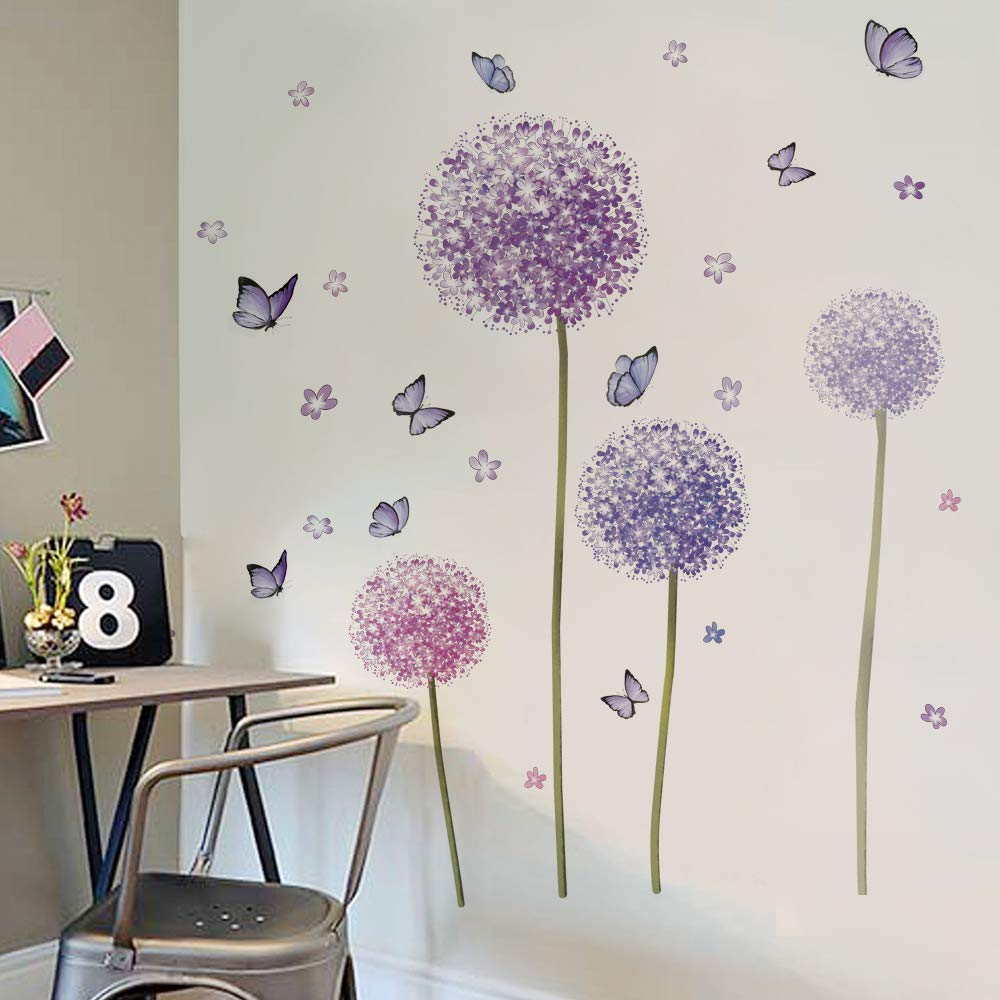 Runtoo Flower Wall Decals Dandelion Butterfly Wall Stickers For Bedroo ...