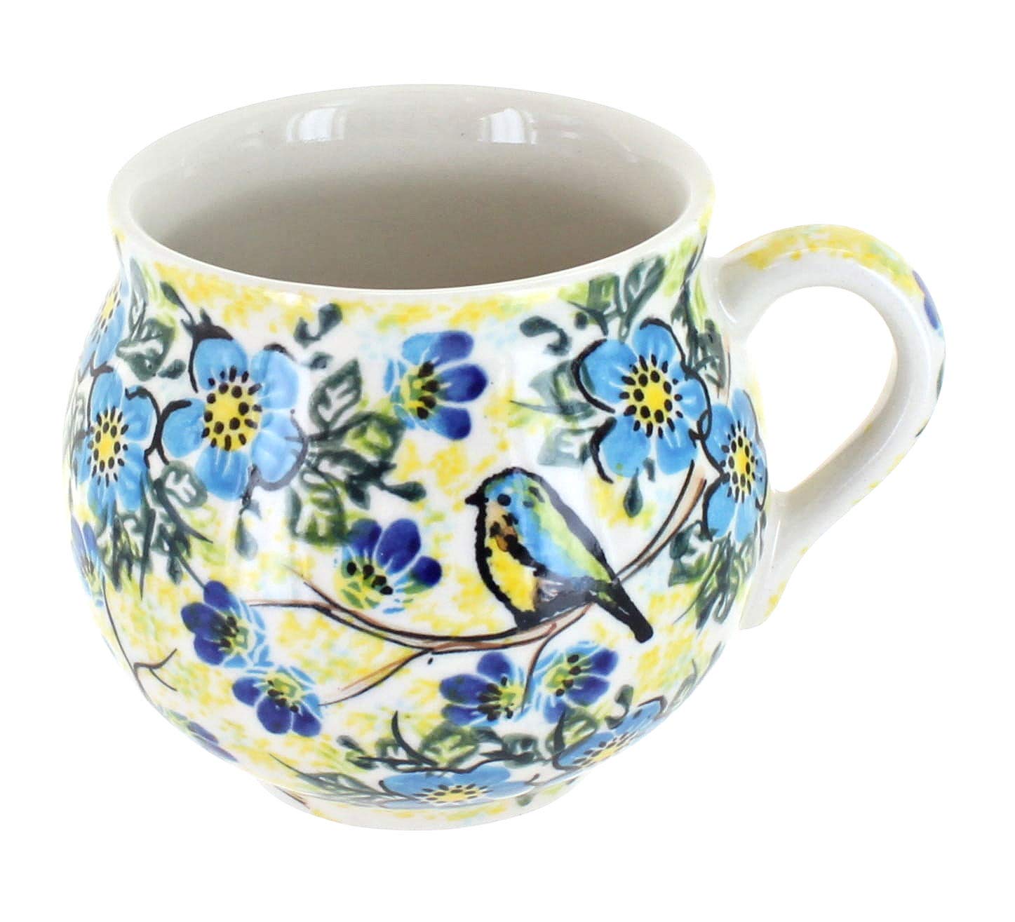 Blue Rose Polish Pottery  Yellow Bluebird Garden Bubble Mug  14 oz  Unique Shape Mug for Coffee & Tea