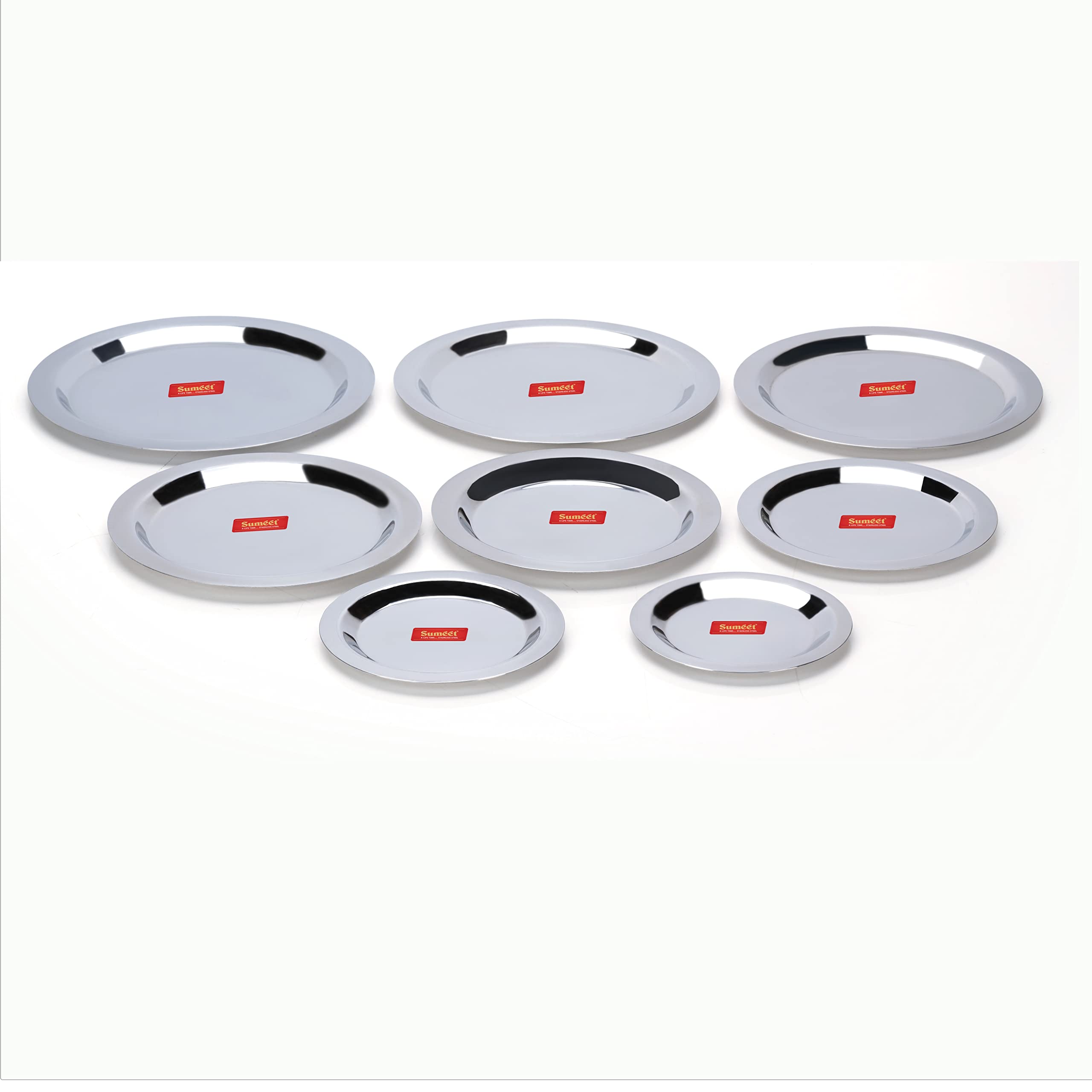 Sumeet Stainless Steel Heavy Gauge Ciba Lids Tope Cheeba Cover Set Of 8 Pcs (12.3Cm  13.8Cm  15.5Cm  16.7Cm  18.5Cm  20Cm  21Cm  22.5Cm) - Silver