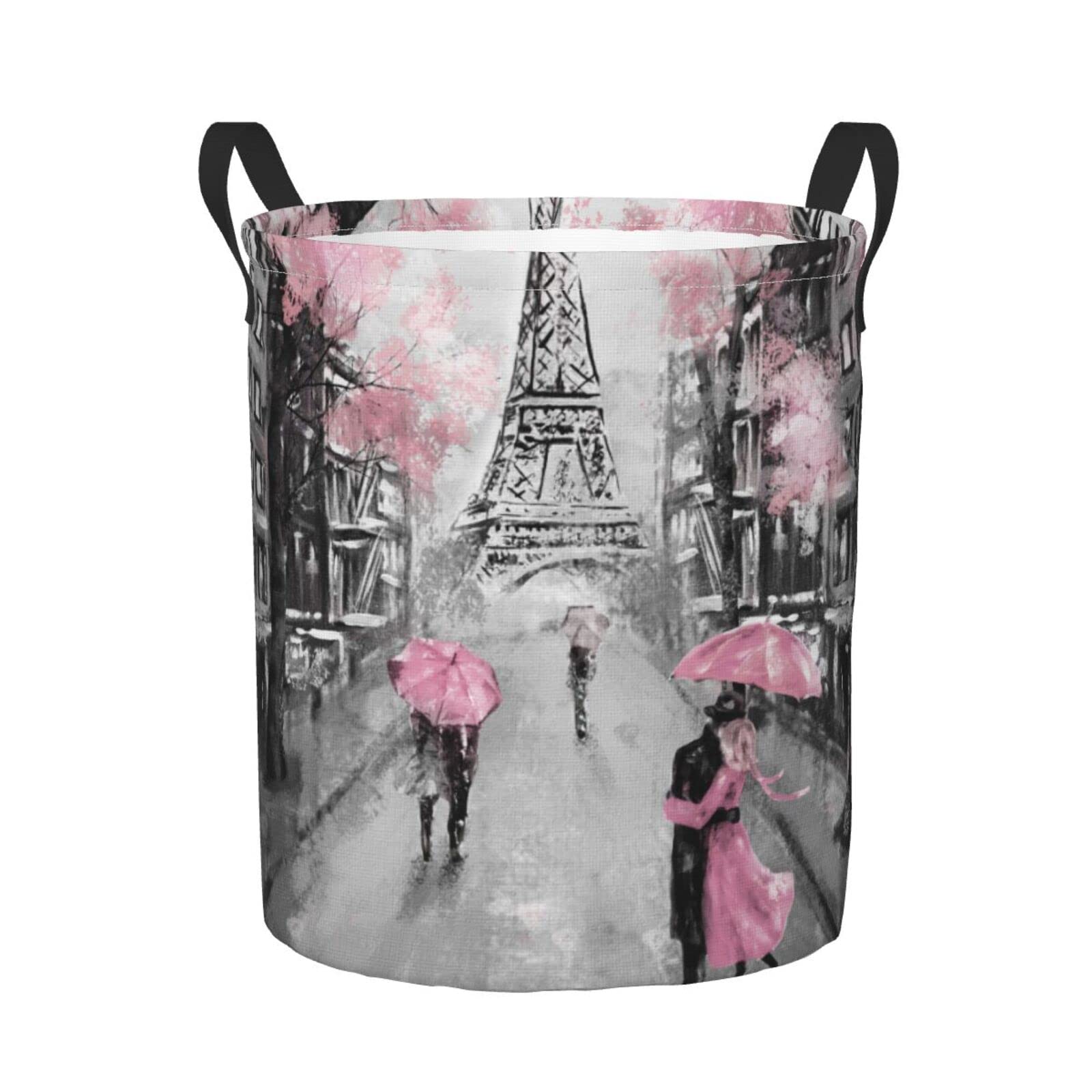 Dujiea Eiffel Tower Pink Lovers In Paris Laundry Basket Round With Handle, Collapsible Foldable Canvas Storage Bin Dirty Clothes