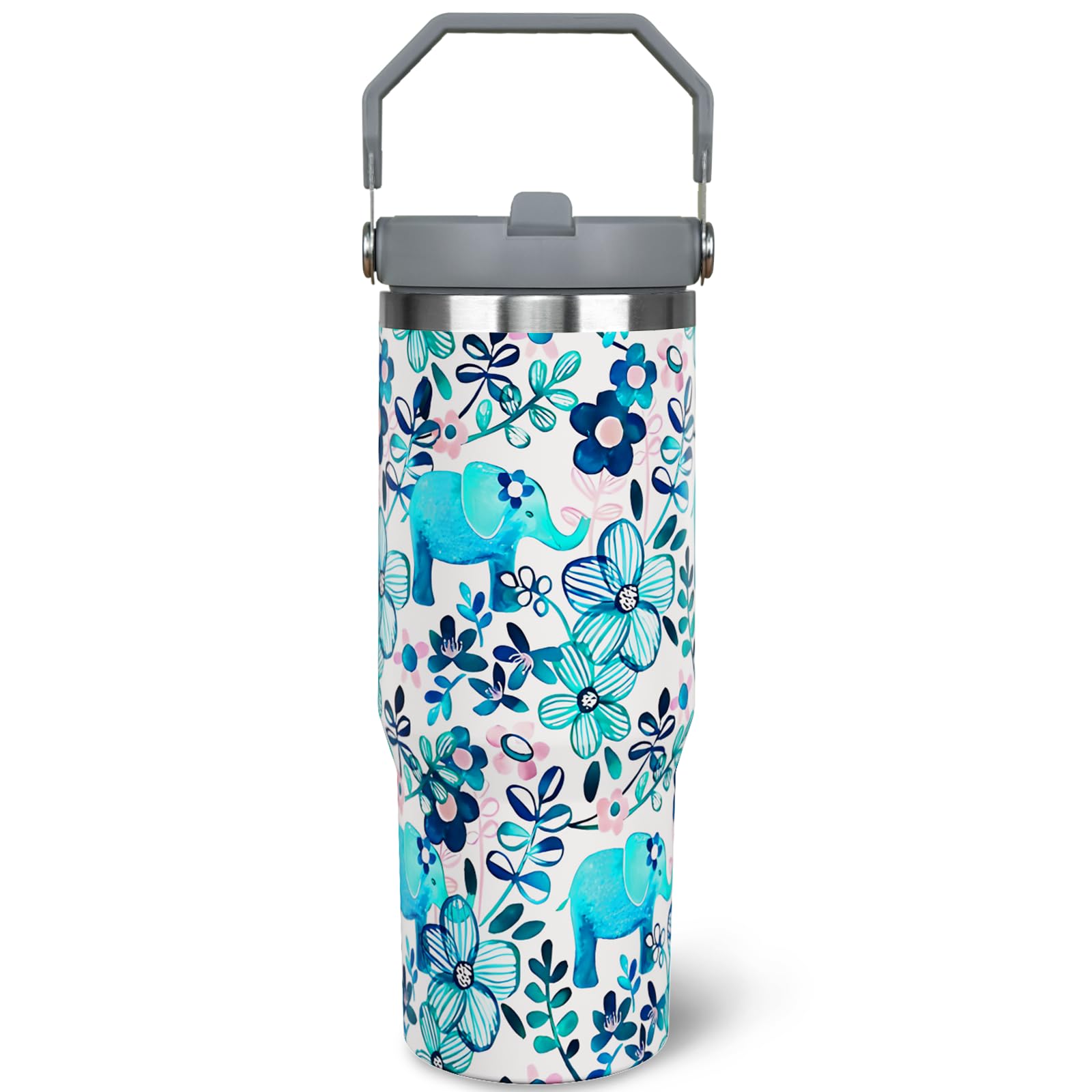 Jizrecly 30 oz Elephant Tumbler With Handle and Straw, Insulated Coffee Travel Mug Cup Water Bottle, Flip Straw Tumbler, Gifts f