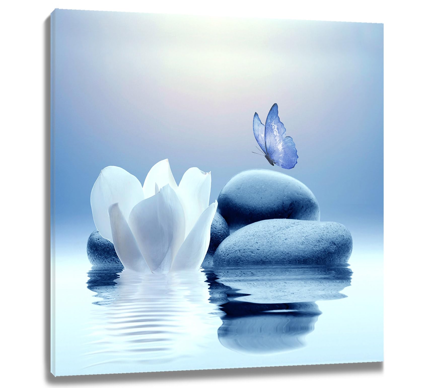 Eobtain Zen Canvas Wall Art Blue Floral And Butterfly On Stone Framed Wall Art For Bathroom Living Room Bedroom Modern Spiritual