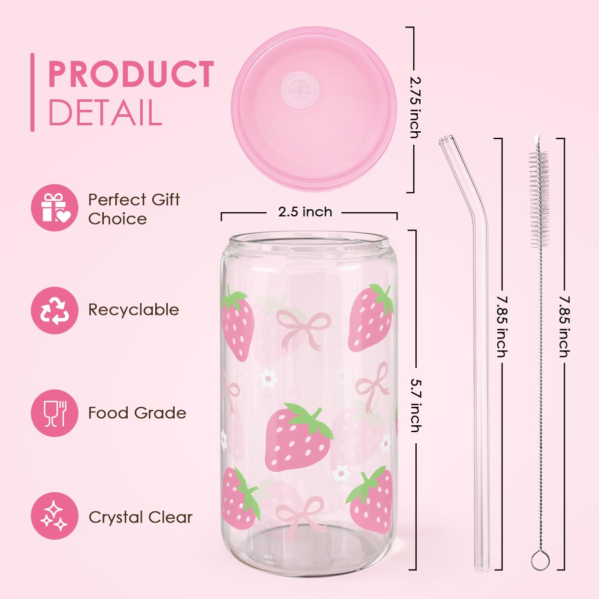 Strawberry 16 Oz Can Glass Tumbler with Acrylic Lid and Straw - Iced Coffee Cups for Women, Aesthetic Glass Cup Gift for Birthda