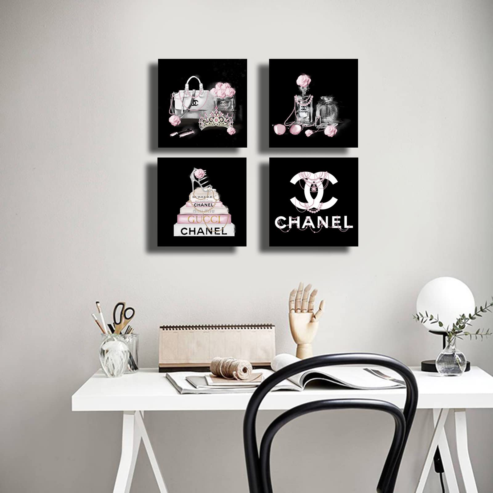 Meetdeceny Black And White Wall Art/Pink Book Pictures Room Decor For Teen Girls/Women Handbag Perfume Wall Decor For Living Roo