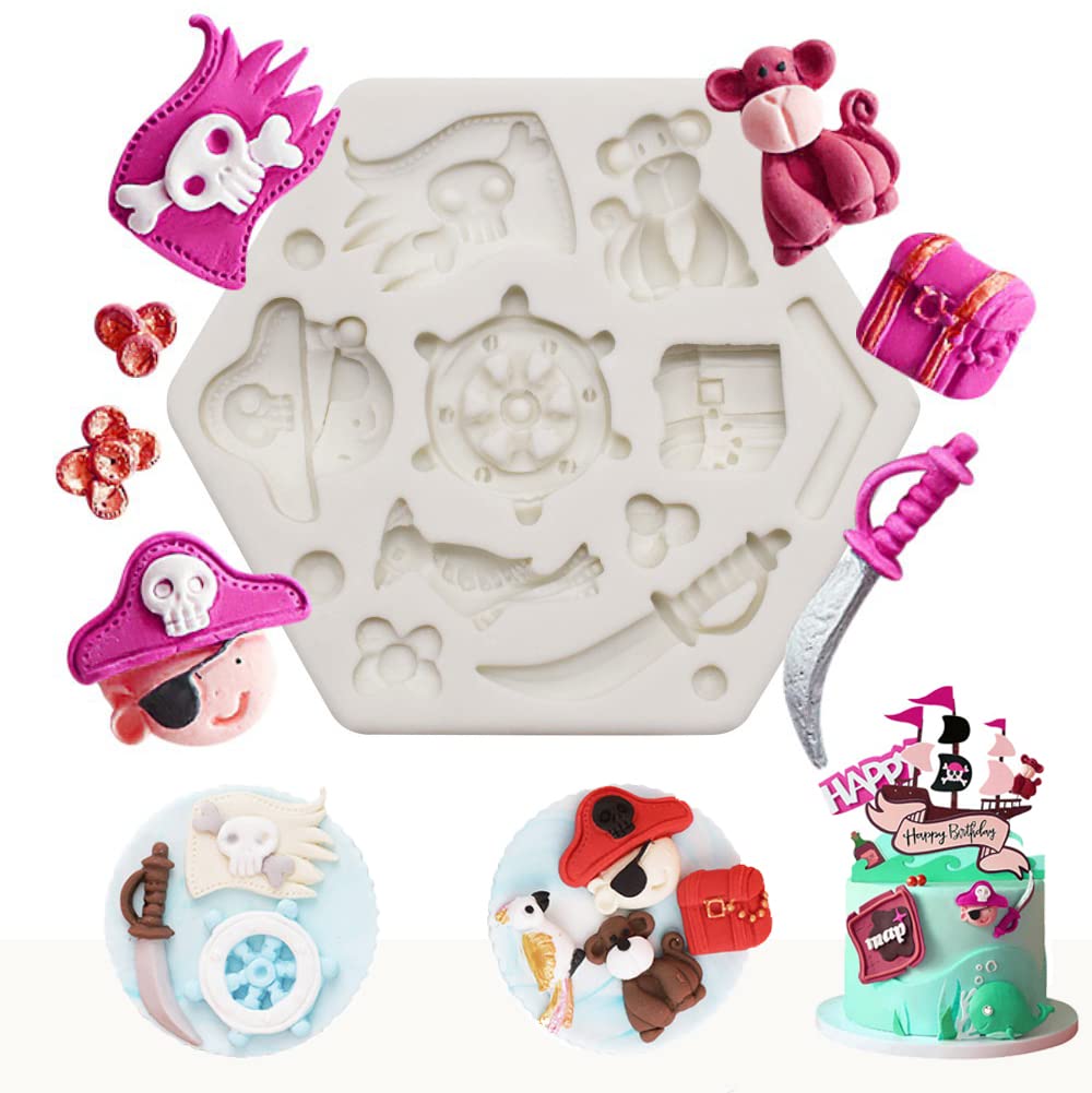 Pirate Theme Treasure Chest Pirate Flag Monkey Parrot Silicone Molds For Diy Fondant Candy Making Chocolate Mold Desserts Ice Cu