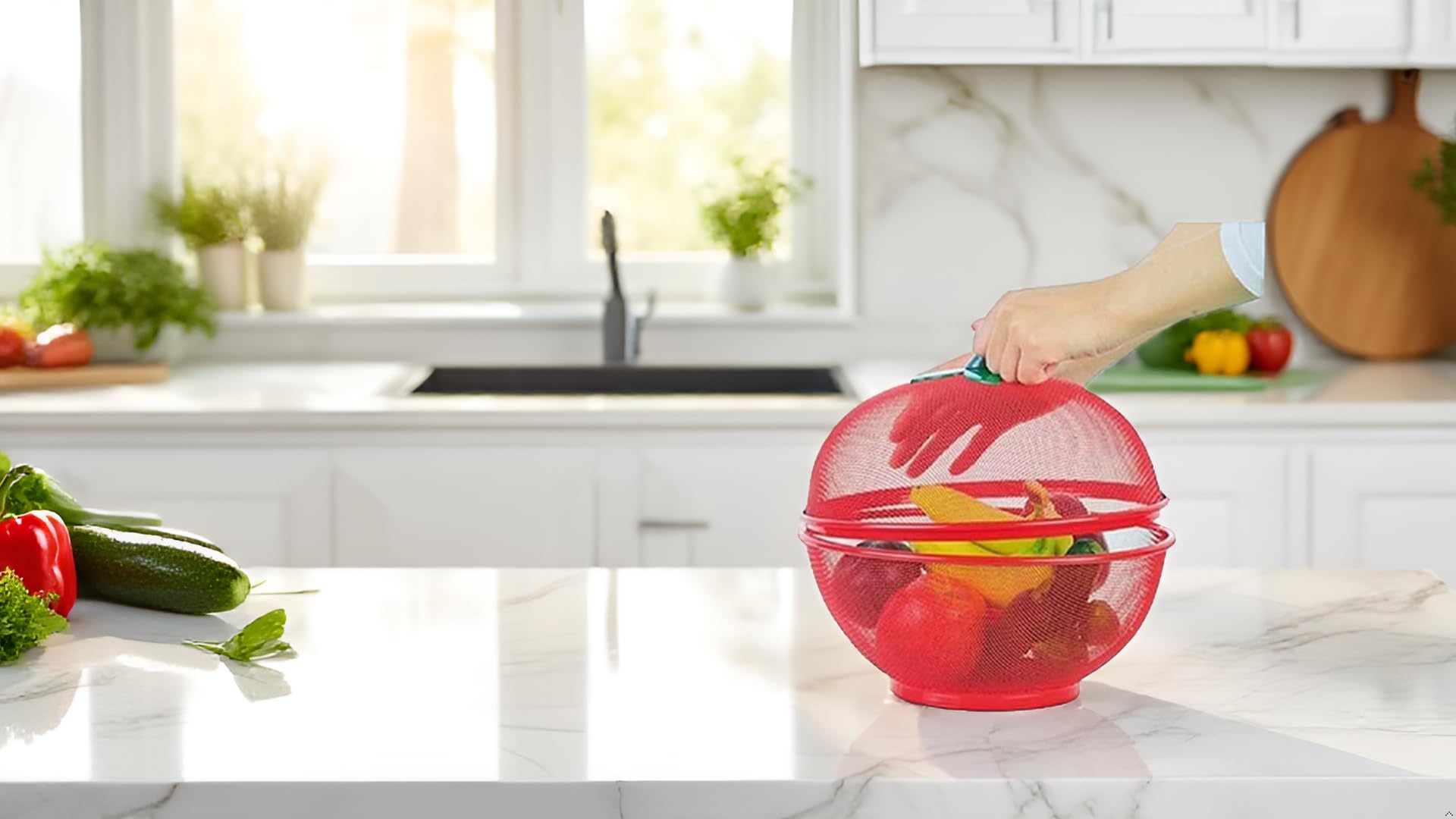 Apple Shape Fruit Basket With Net Cover  Red Iron Mesh For Kitchen Storage, Fruits & Vegetables, 1L Capacity, Freestanding Iron