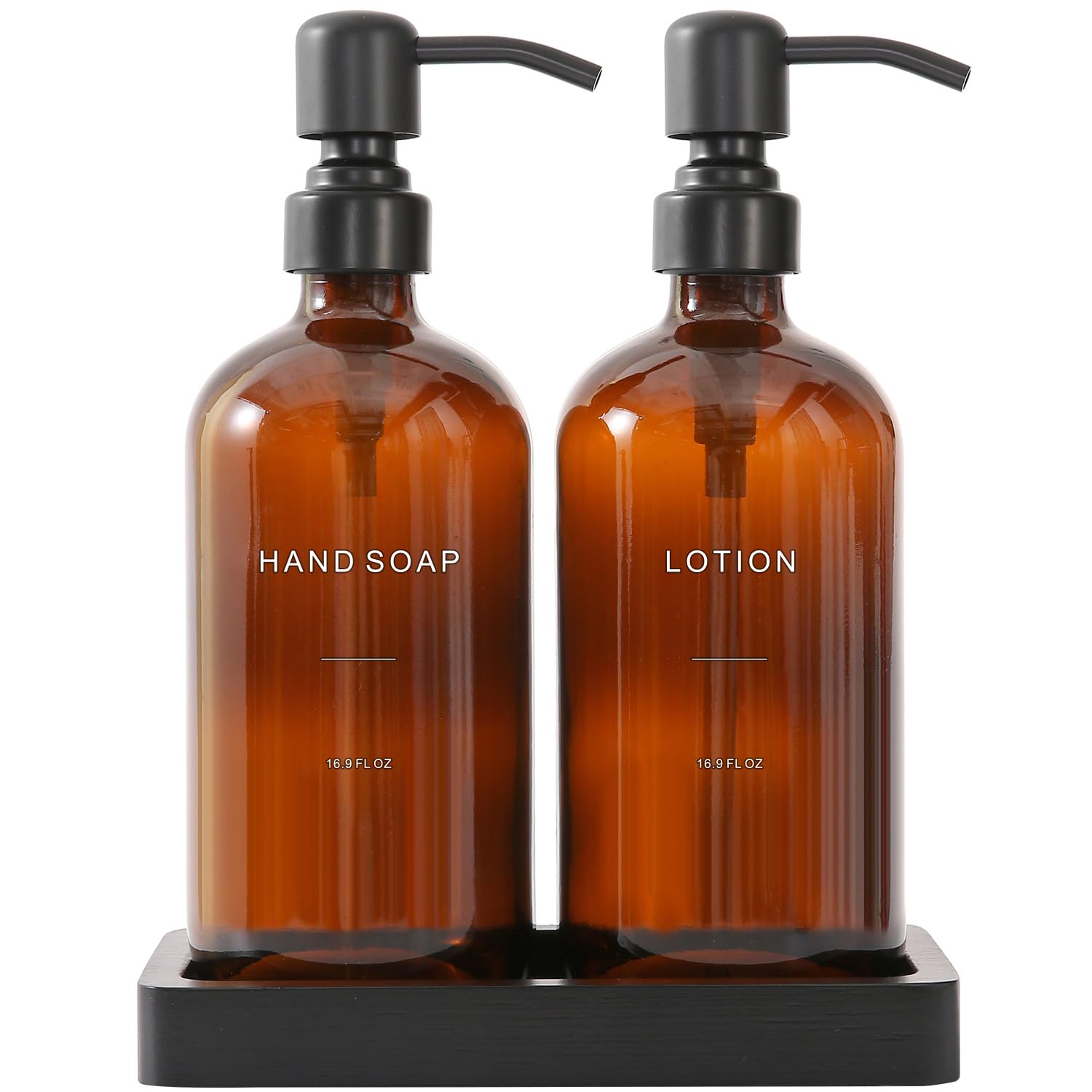 Prus Waso Amber Glass Soap Dispenser Set, Hand Soap And Lotion Set With Black Stainless Steel Pump, Perfect For Modern Bathroom