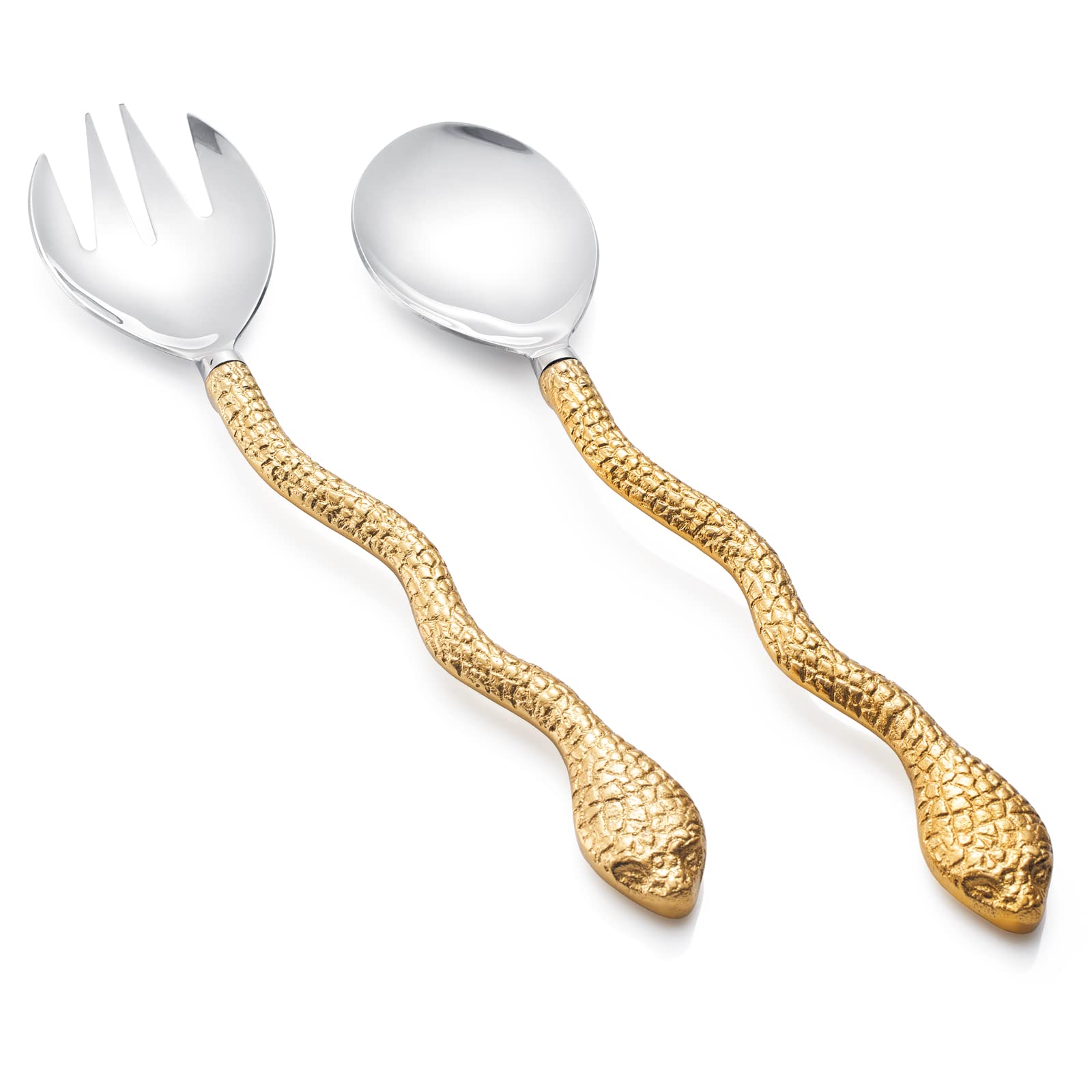 Gold Serpent Snake Salad Servers Brass & Stainless Steel, Fork & Spoon Set Snake Design Set, Two Tone Ideal For Weddings, Dinner