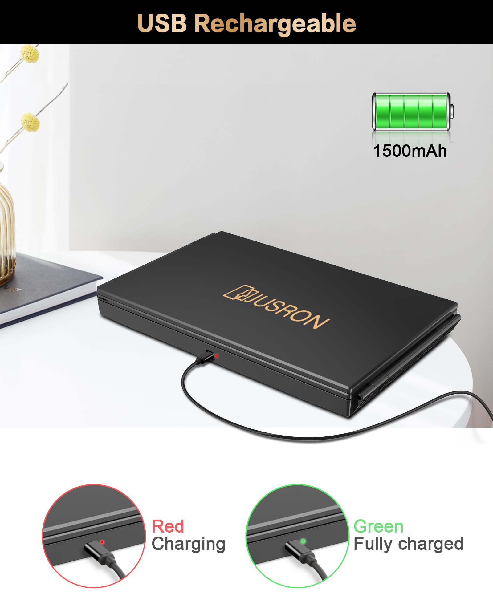 JUSRON 360° Viewing Angle Self Hair Cutting Mirror, Anti-Fog HD Glass, USB Rechargeable, Portable, 12.4"L x 7.5"W, Black with LED