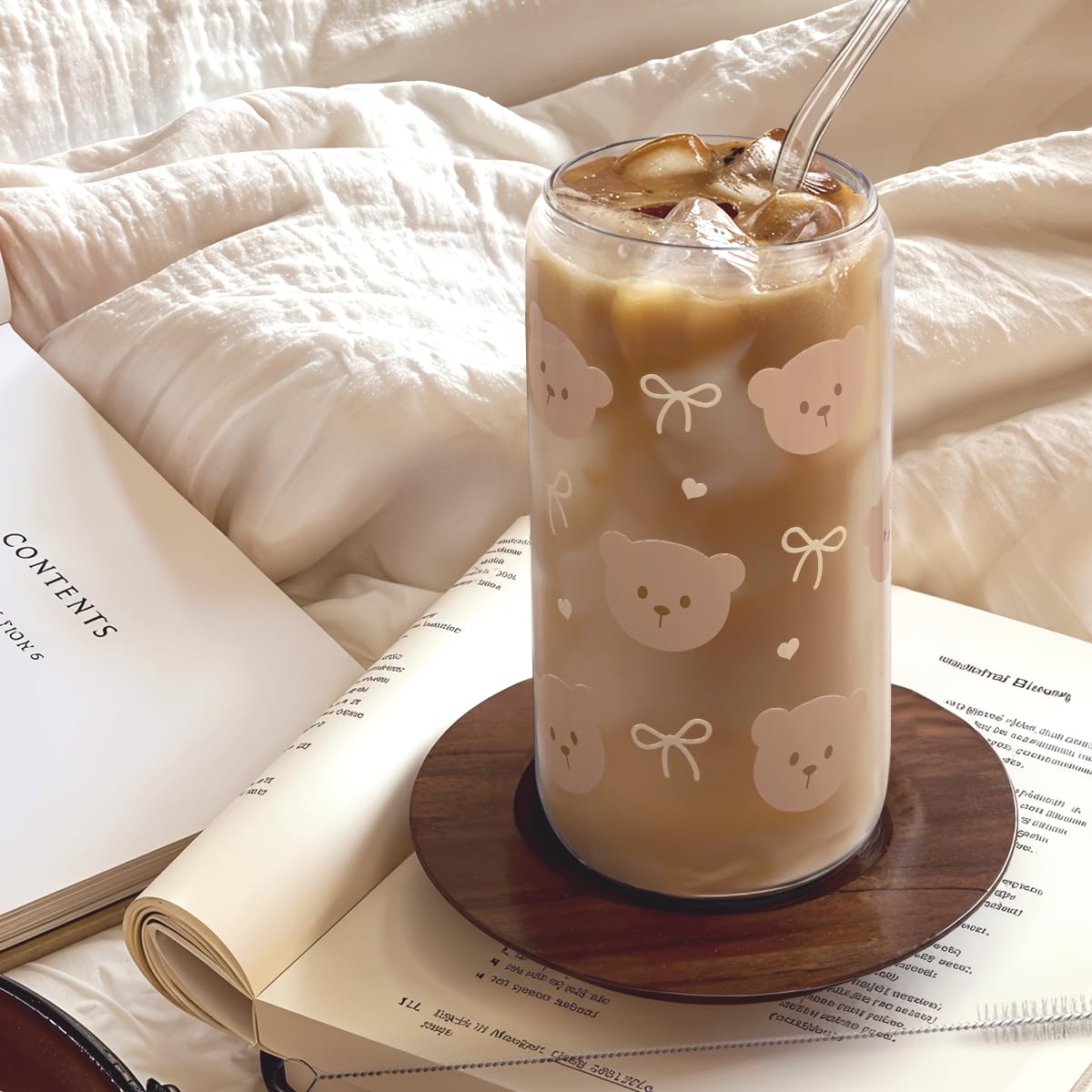 Bear Glass Can, Iced Coffee Aesthetic Cup, Gift for Christmas Birthday, Gifts for Women Girls, 16oz