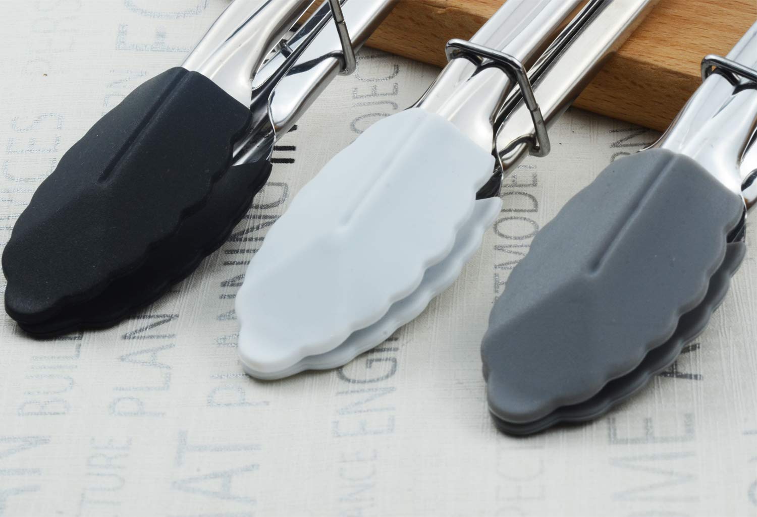 Hinmay Mini Tongs With Silicone Tips 7-Inch Small Serving Tongs, Set Of 3 (Black White Gray)